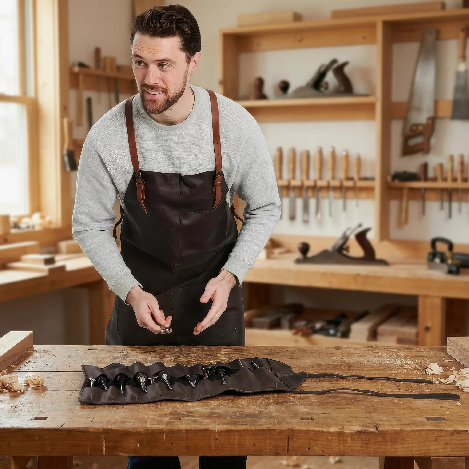 Theodore Tablier en Cuir avec Design Croisé - Confortable, 3 Poches, Sangles Réglables - Idéal Travail du Bois, Barbecue, Unisexe