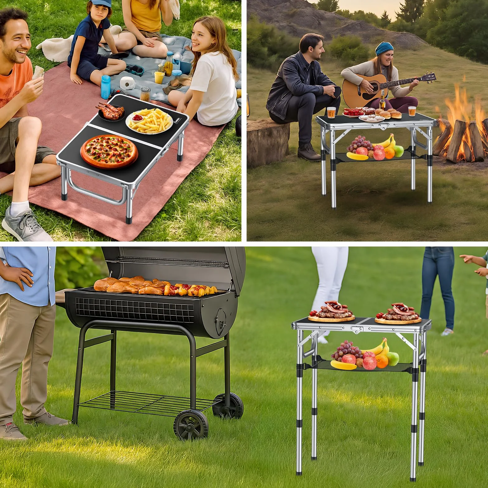 Anbte Table de Camping Pliante avec Rangement Net 3 Hauteurs Aluminium MDF Noir