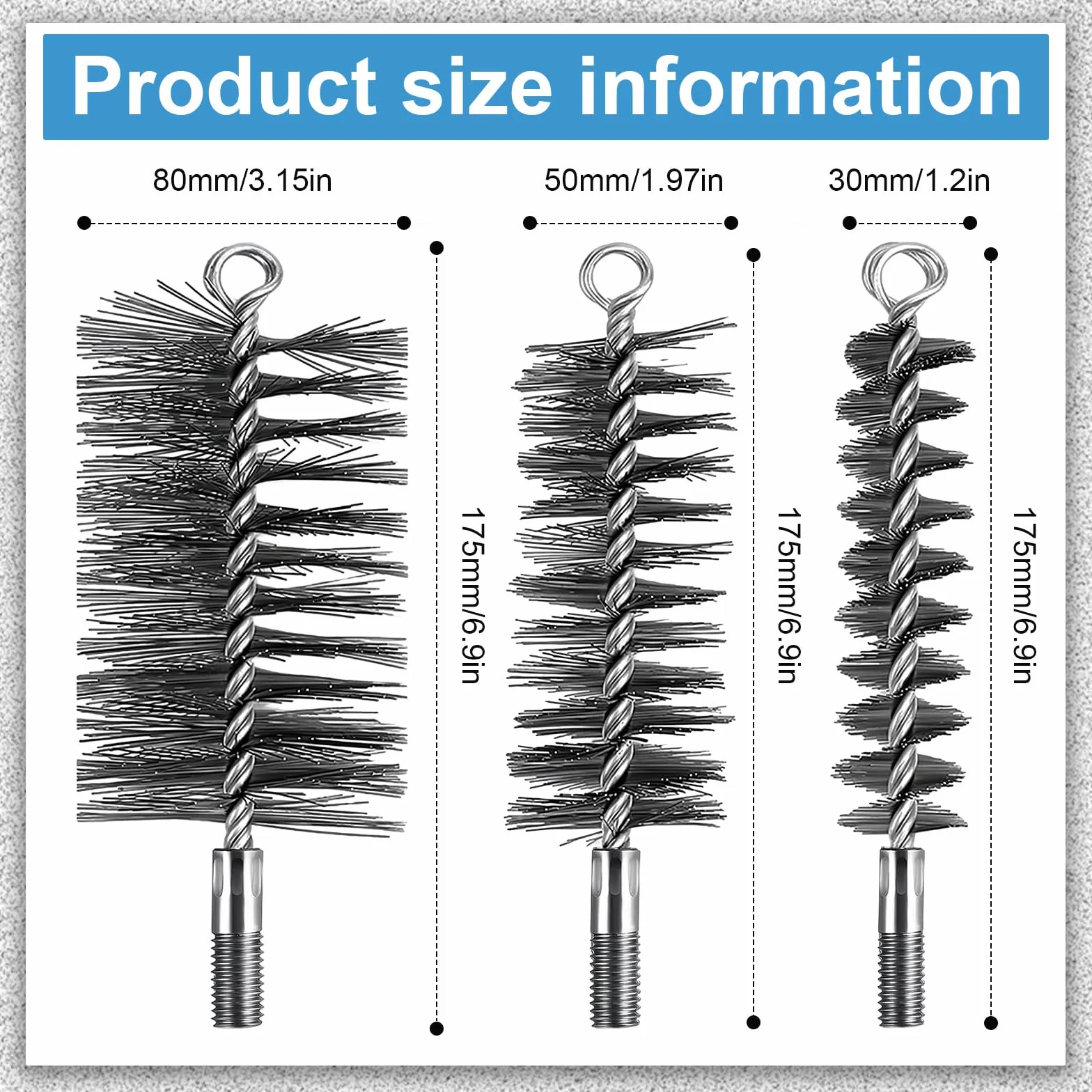 Kit de Ramonage Cheminée 3 Pièces Brosses Chaudière Chauffage Hérisson 30/50/80mm