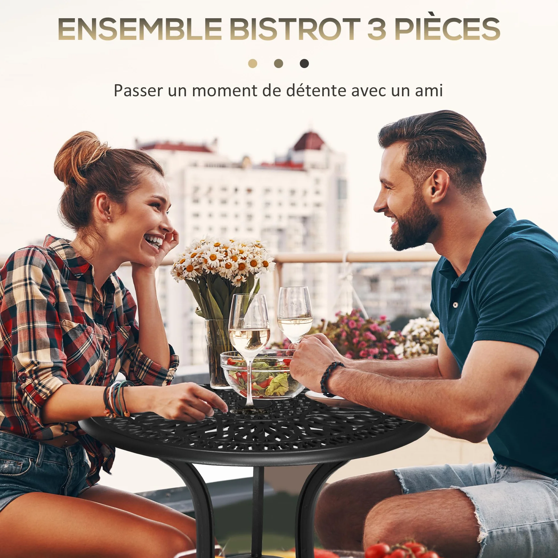 Outsunny Salon de Jardin Exterieur, Ensemble Table Ronde et Chaises Aluminium avec Trou Parasol Noir