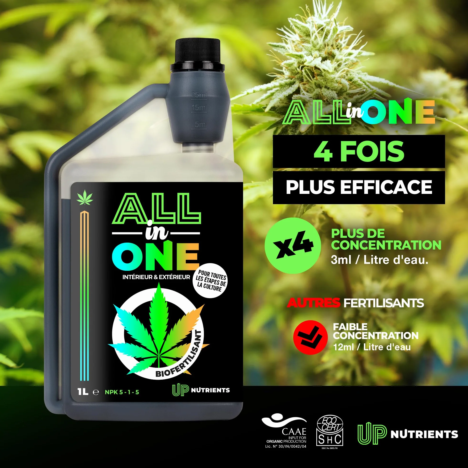 UP NUTRIENTS Fertiliser de cannabis pour intérieur et extérieur, ensemble NPK 5-1-5, pour plantes de cannabis, phase de croissance et de floraison, phase biologique Grow & Bloom