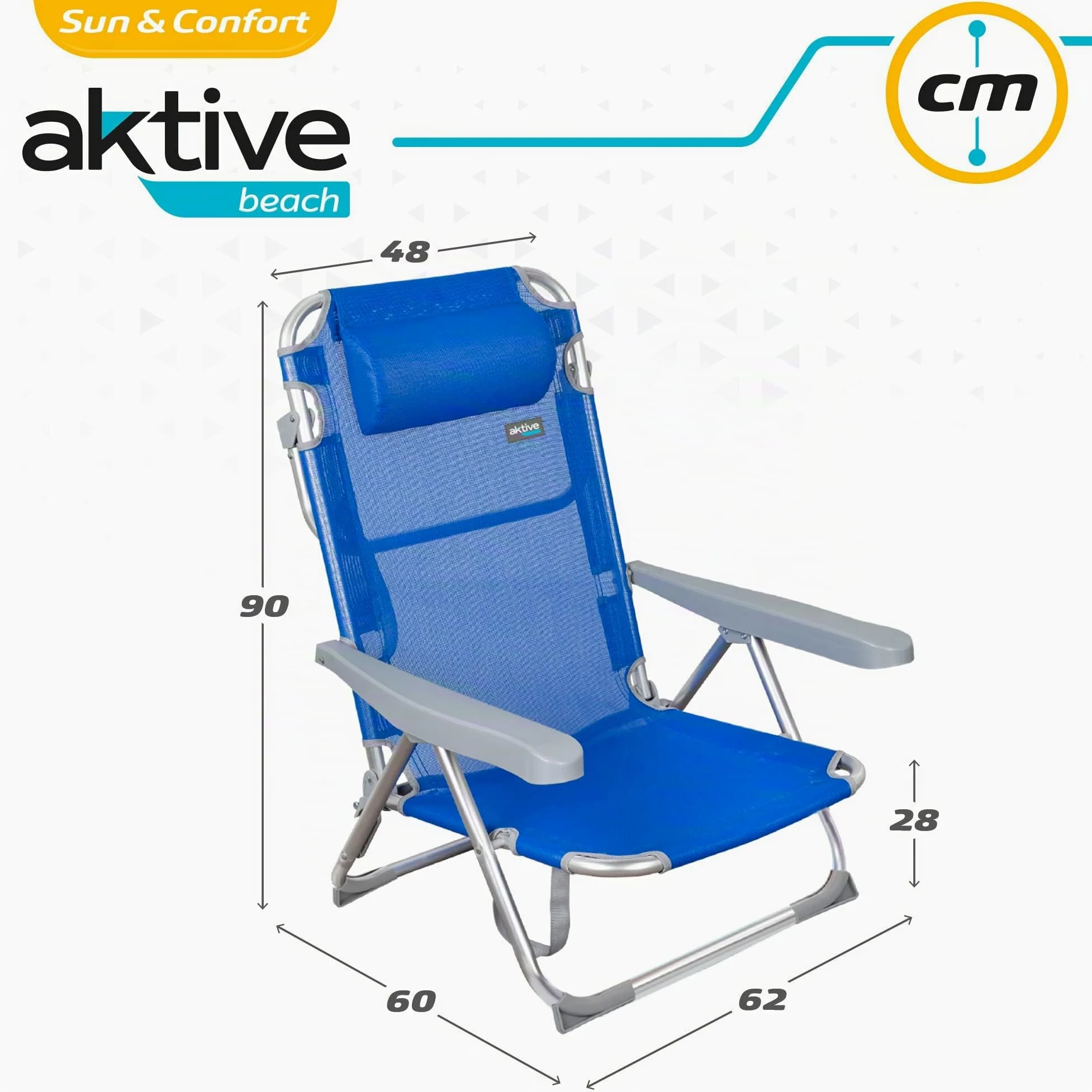 AKTIVE Beach - Lot de 2 Chaises de Plage Pliantes Gomera, Multipositions avec Dossier Réglable, Coussin, Protections Anti-Renversement et Poignée de Transport, 48 X 60 X 90 cm, Bleu