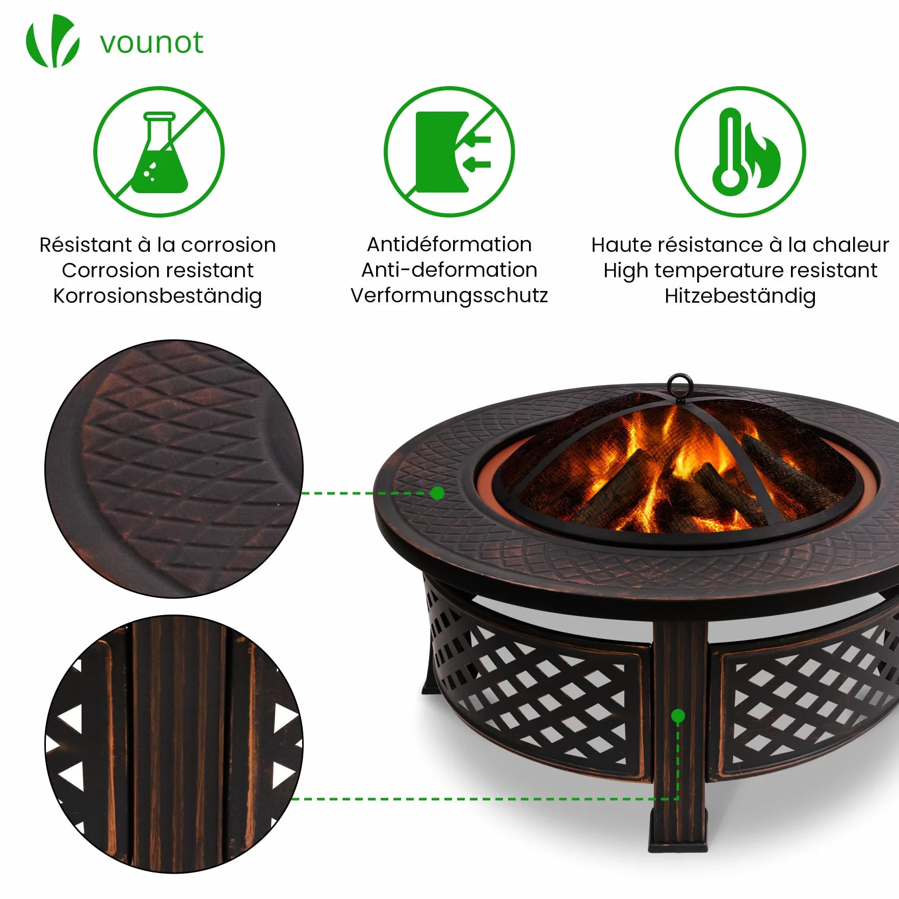 VOUNOT® Brasero Extérieur Ø81cm Métal Pare Étincelles Couvercle Tisonnier Chauffage Jardin Terrasse Foyer Rond Noir