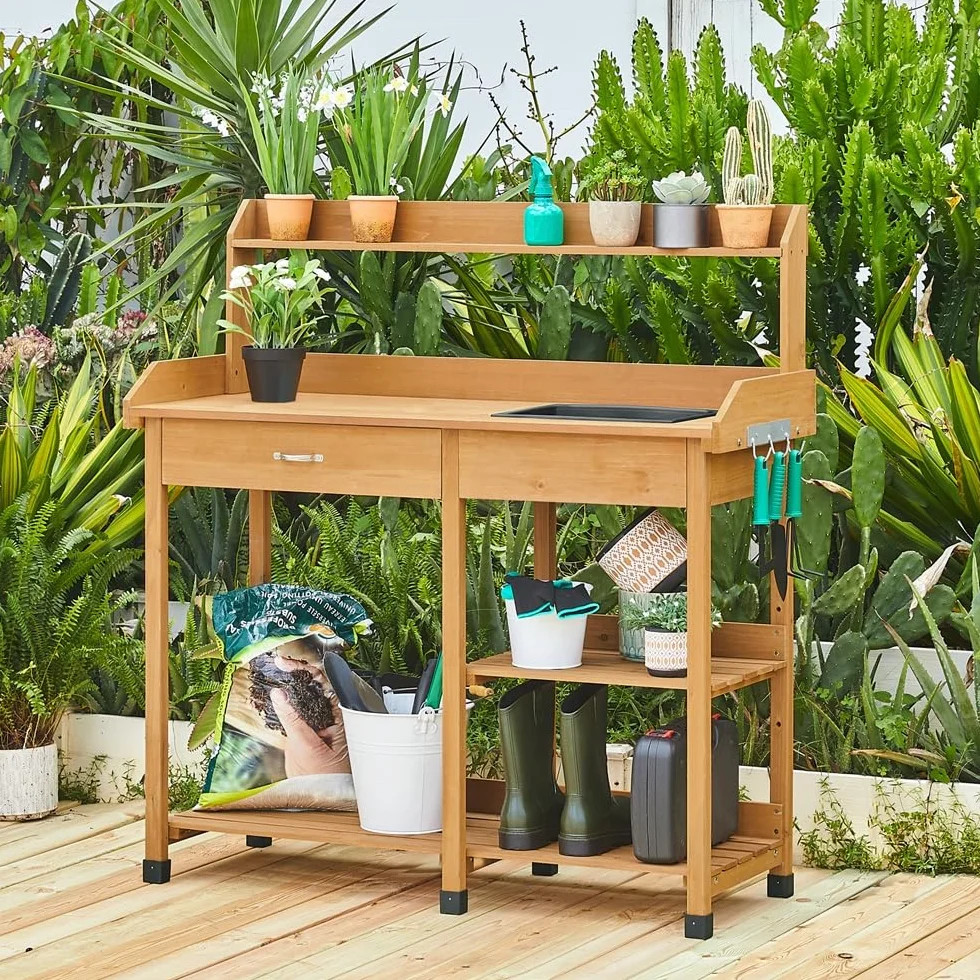 Yaheetech Table de Préparation pour Semis en Bois Plan de Travail avec Tiroirs Amovibles et Etagères de Rangement Couleur du Bois