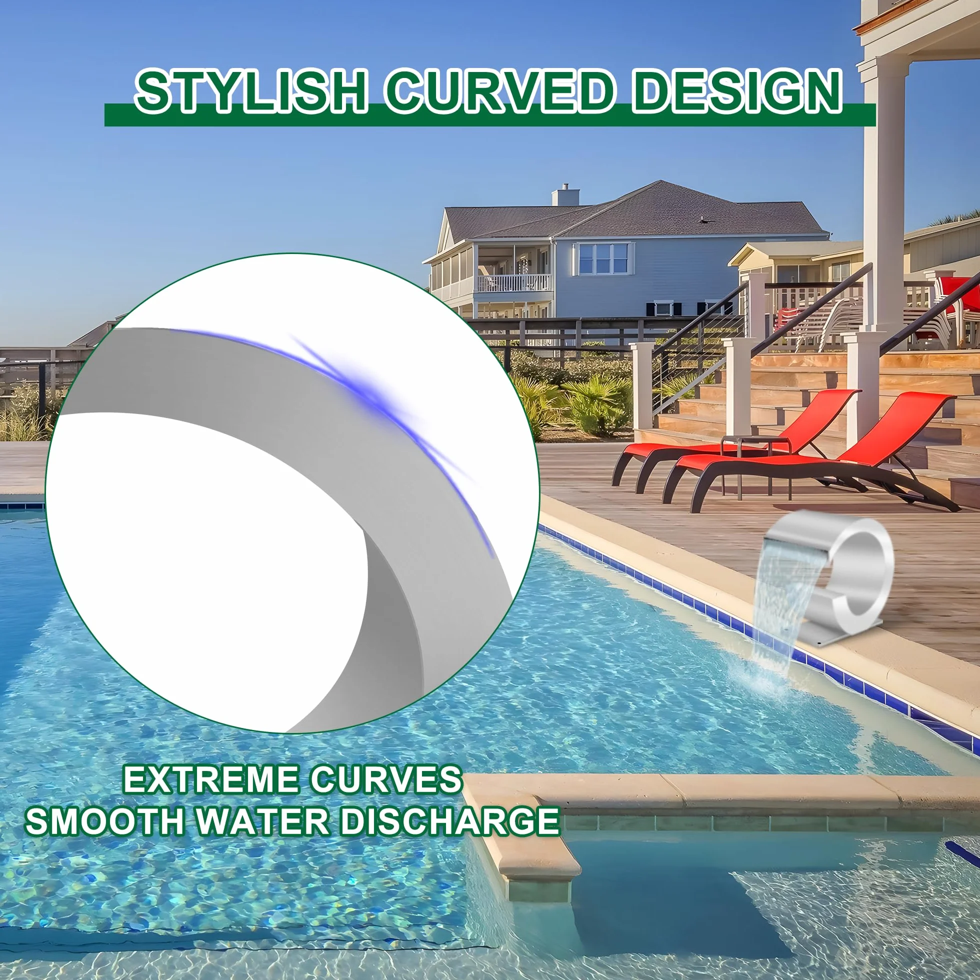 Déversoir cascade fontaine de piscine acier inoxydable courbée avec accessoires extérieur J forme jardin patio