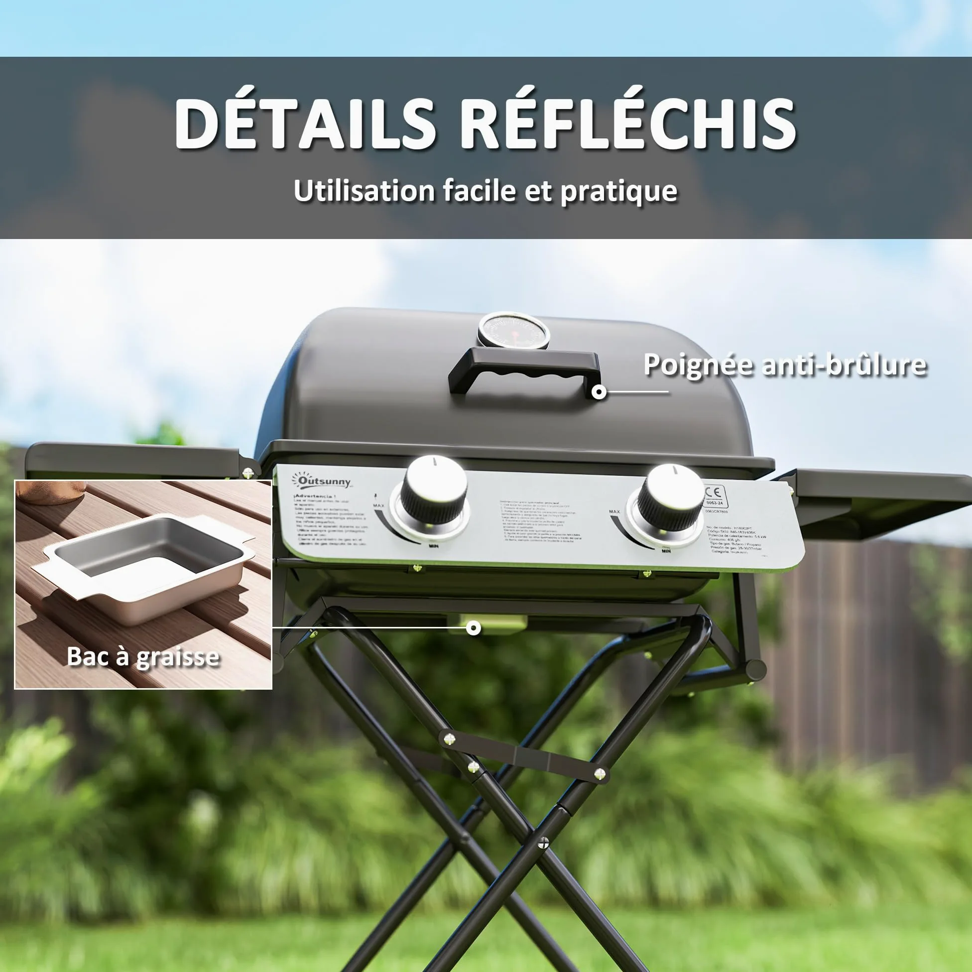 Outsunny Barbecue Gaz Transportable Pliable, 2 Brûleurs 5,6 kW, Barbecue Gaz de Camping avec Grille de Cuisson, Étagères Latérales, Couvercle, Thermomètre et Roues, pour Camping Jardin Balcon, Noir