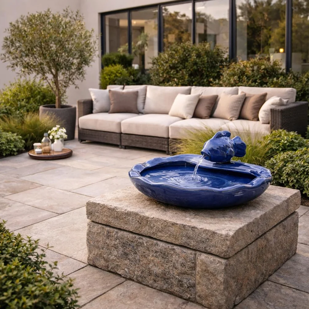 Fontaine à eau en céramique solaire 37 cm poisson bleu émaillée IP44 jardin extérieur