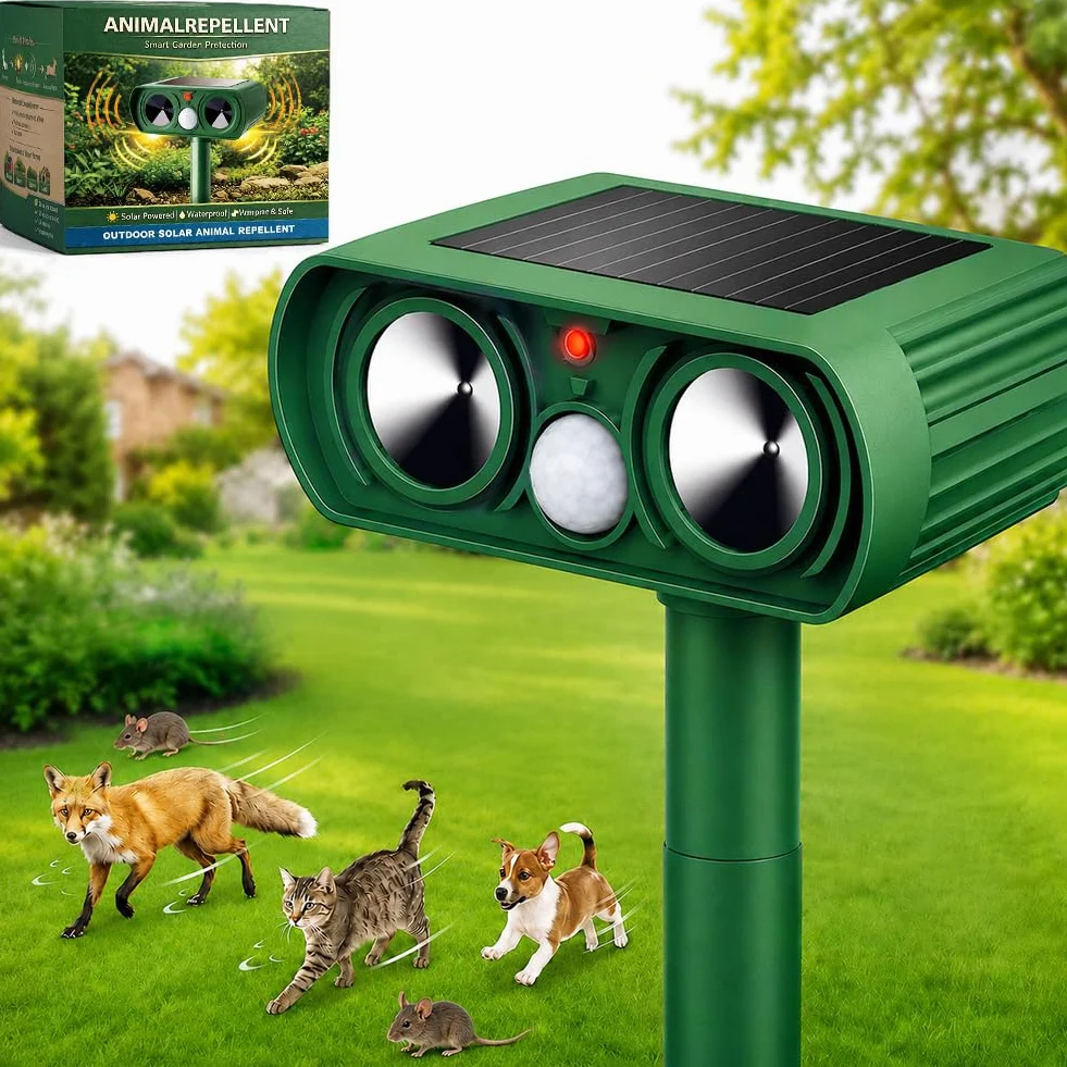 Repulsif Chat Exterieur Solaire à Ultrason, Repulsif Chat Ultrason pour Jardin, Appareil Étanche Contre Taupes, Oiseaux, Souris et Rats avec LED Clignotante (Standard)