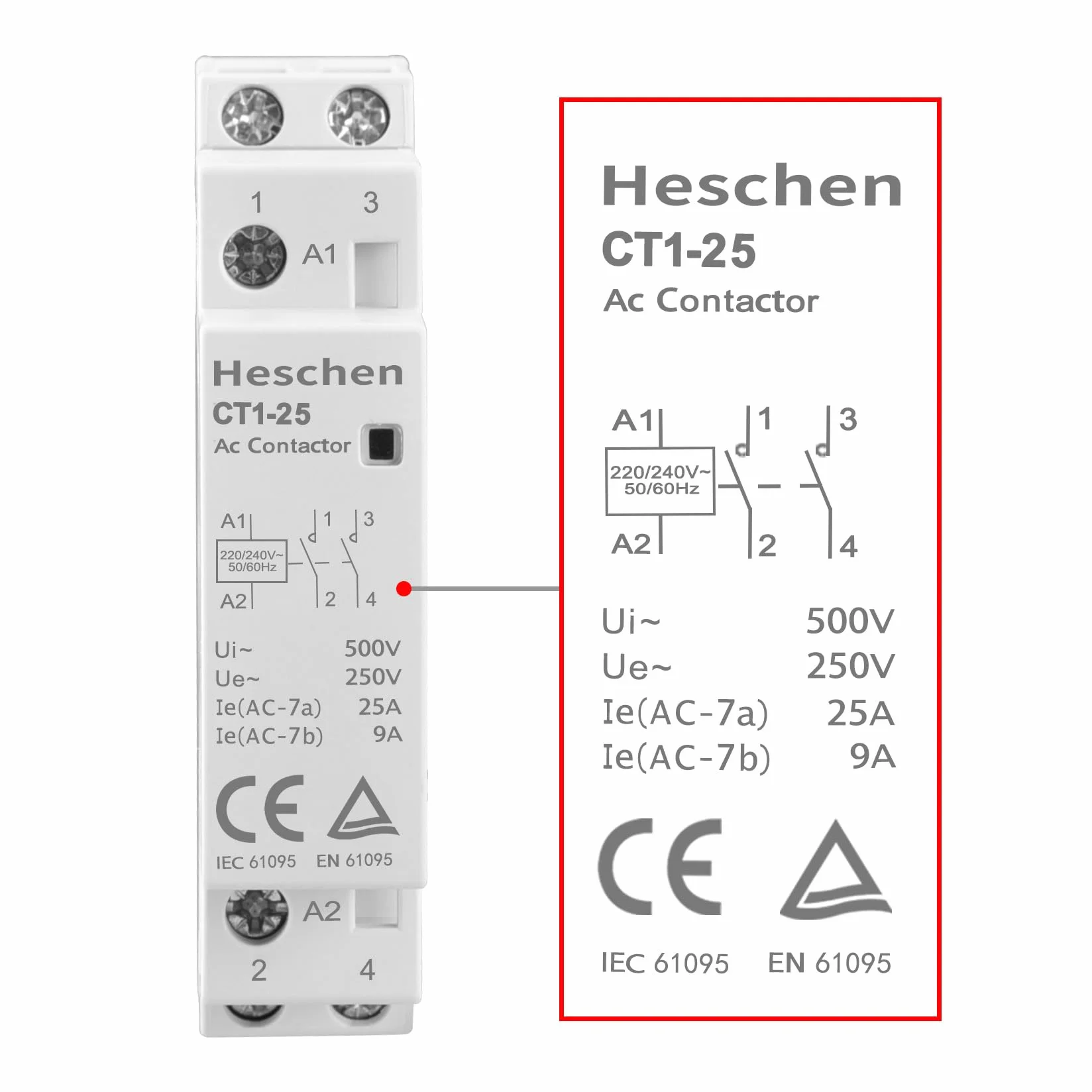 Heschen Contacteur alternatif CT1–25 2P AC 220V/230V 35 mm DIN rail