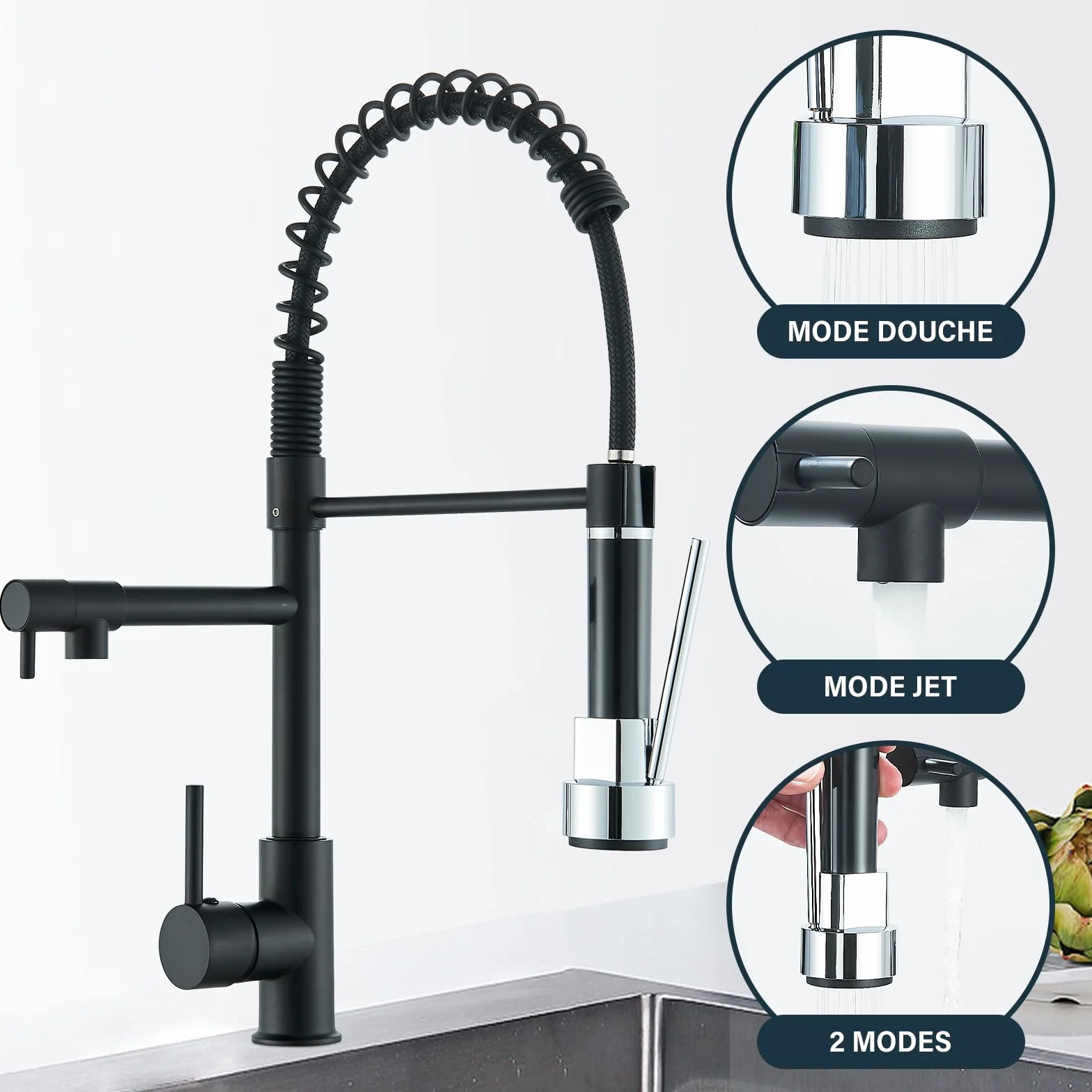 Robinet de Cuisine Noir Mitigeur Deux Jets Douchette Flexible Pivotante Rétractable Bec Haut Arc Élevé Rotatif 360°