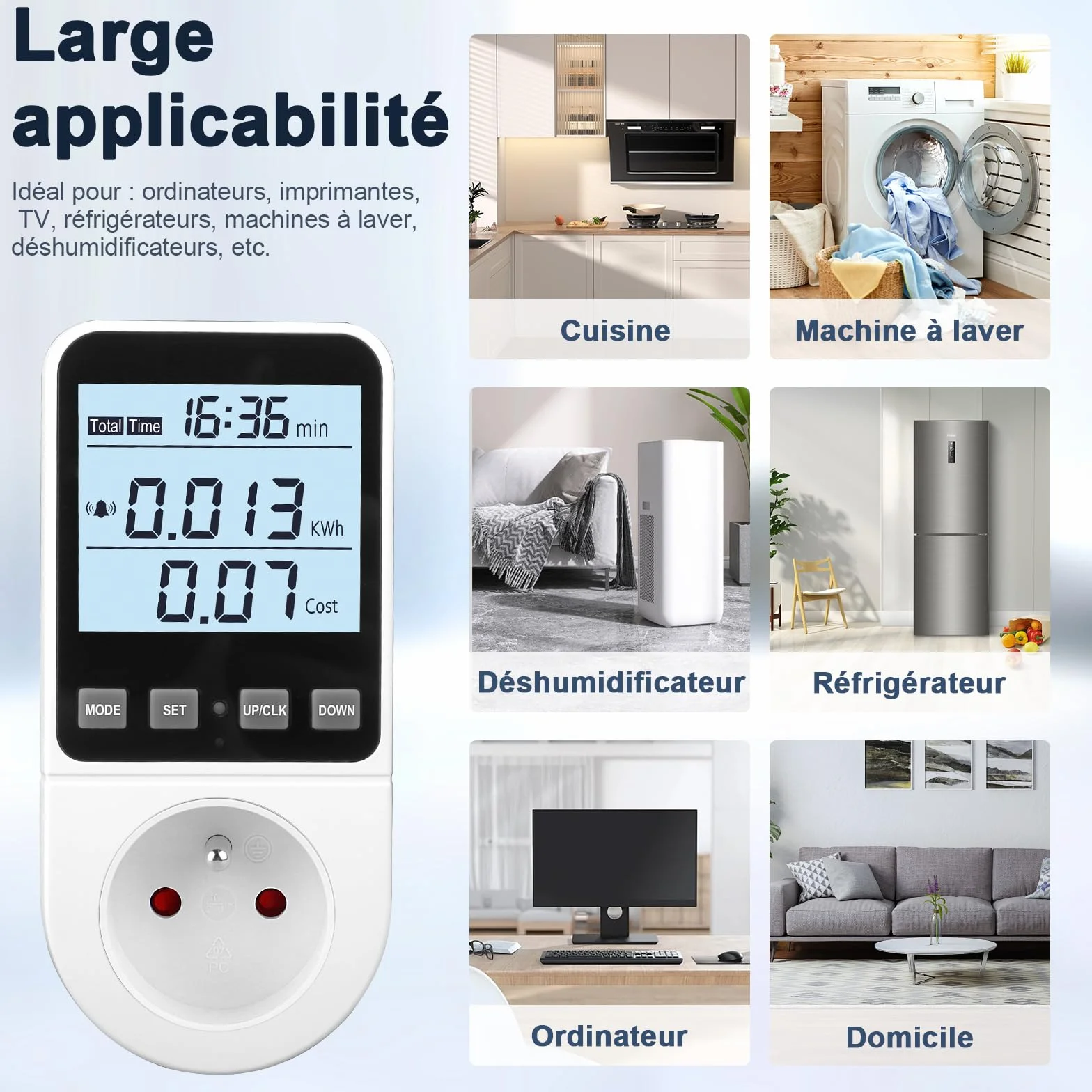 Wattmètre Prise Compteur d'Énergie 8 Modes, Écran LCD Rétroéclairé, Alarme Surcharge 3680W