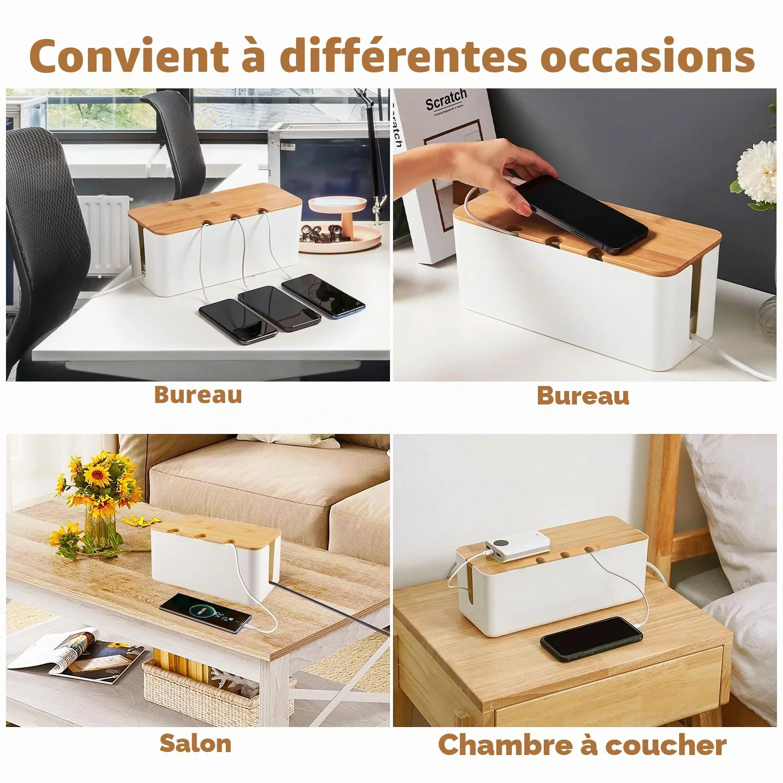 Boite Rangement Cable 3 Pièces avec Couvercle Bois Perforé, Cache Multiprise Electrique Blanc