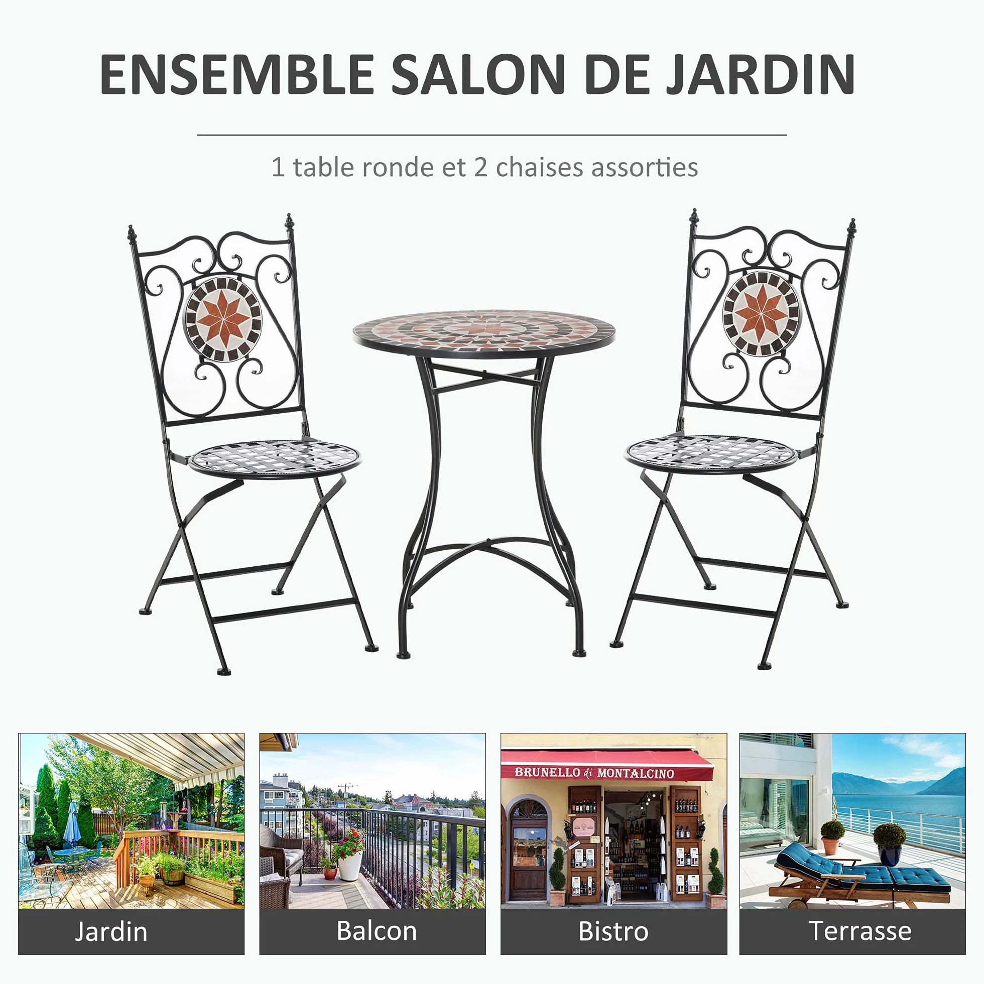 Outsunny Ensemble Bistro 2 Places 3 pièces Fer forgé Mosaïque céramique Motif Rose des Vents Chaises Pliables métal époxy Noir