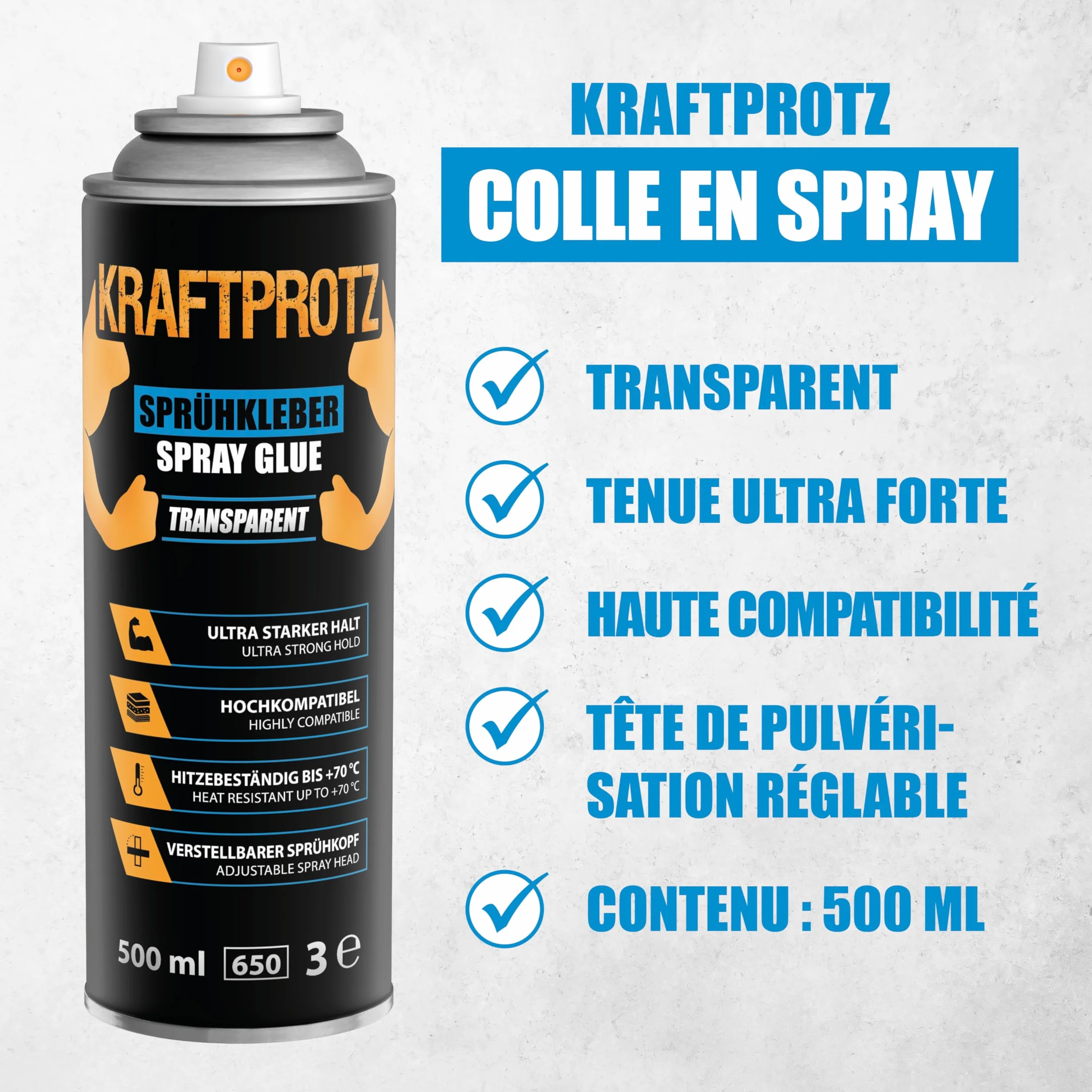 KRAFTPROTZ Colle en spray transparente ultra forte 500 ml résistante à +70 °C pulvérisation réglable
