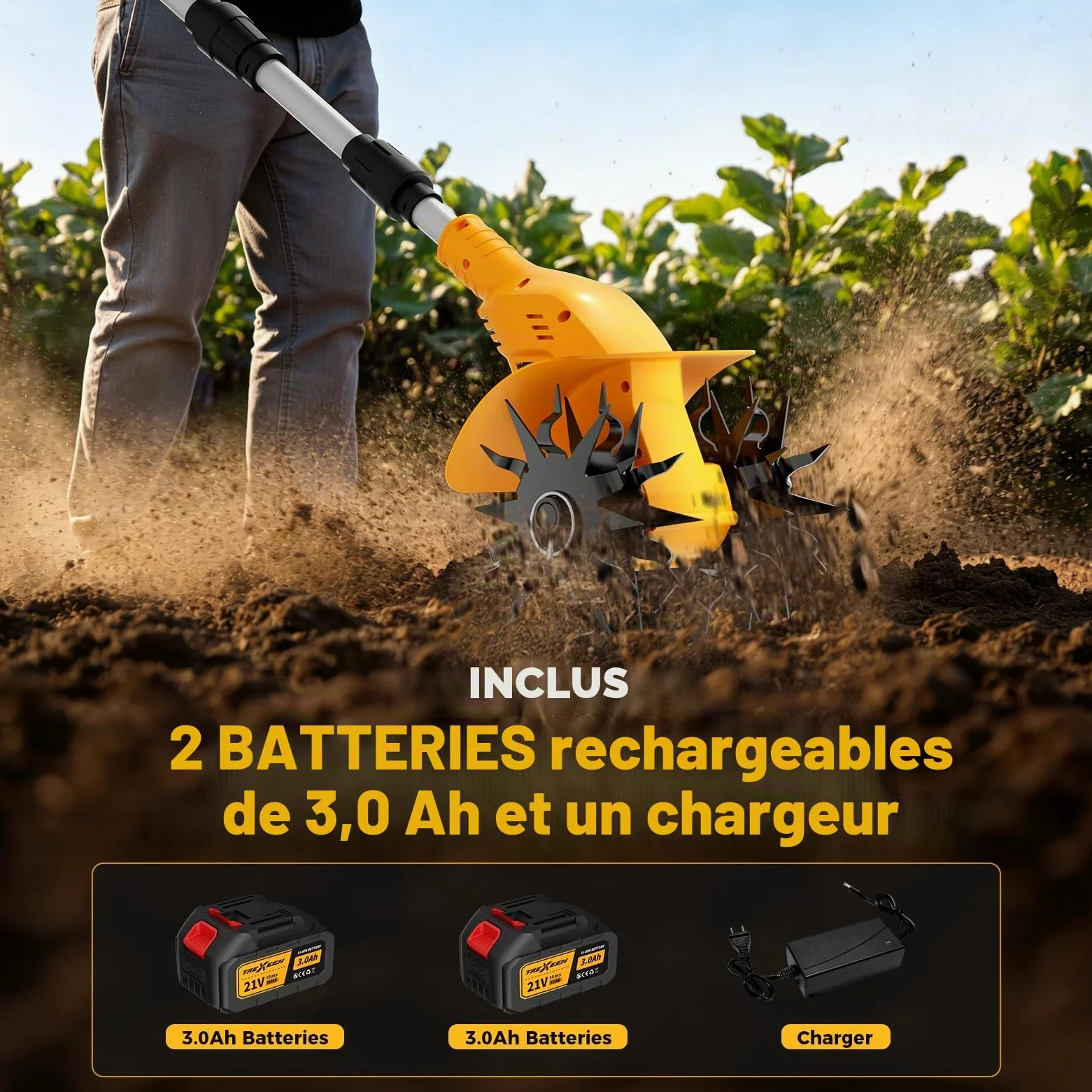 Motobineuse Électrique sans Fil, TREXEEN Bineuse Électrique sans Fil Puissant avec 2 x 3,0 Ah Batteries, 360 TR/Min, Largeur de Travail 20 cm, Profondeur 16 cm, pour Pelouse Jardin Travaux du Sol