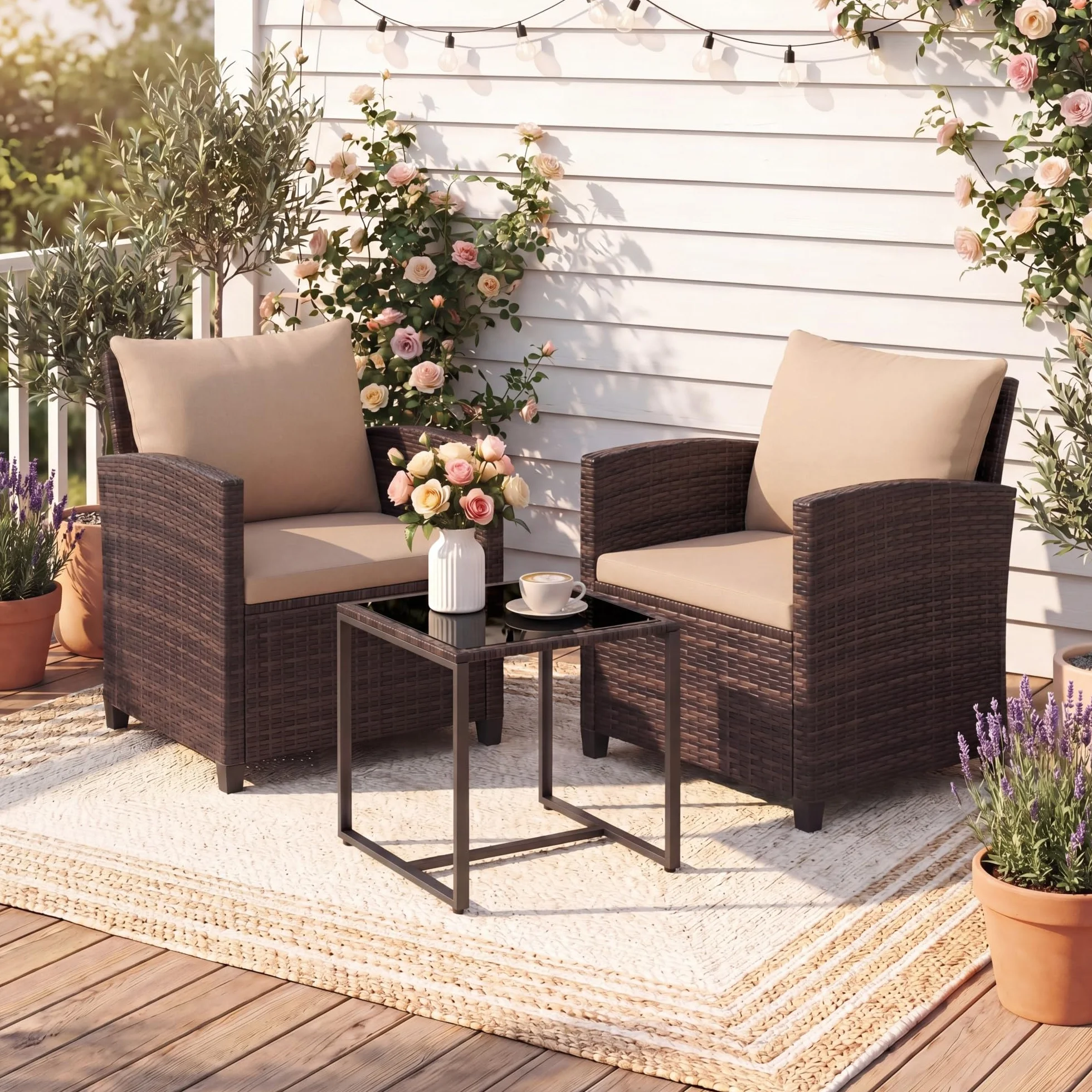 GIANTEX Ensemble de Salon de Jardin 3 Pièces, 2 Fauteuils avec Coussins, Table Basse en Verre, Marron+Café