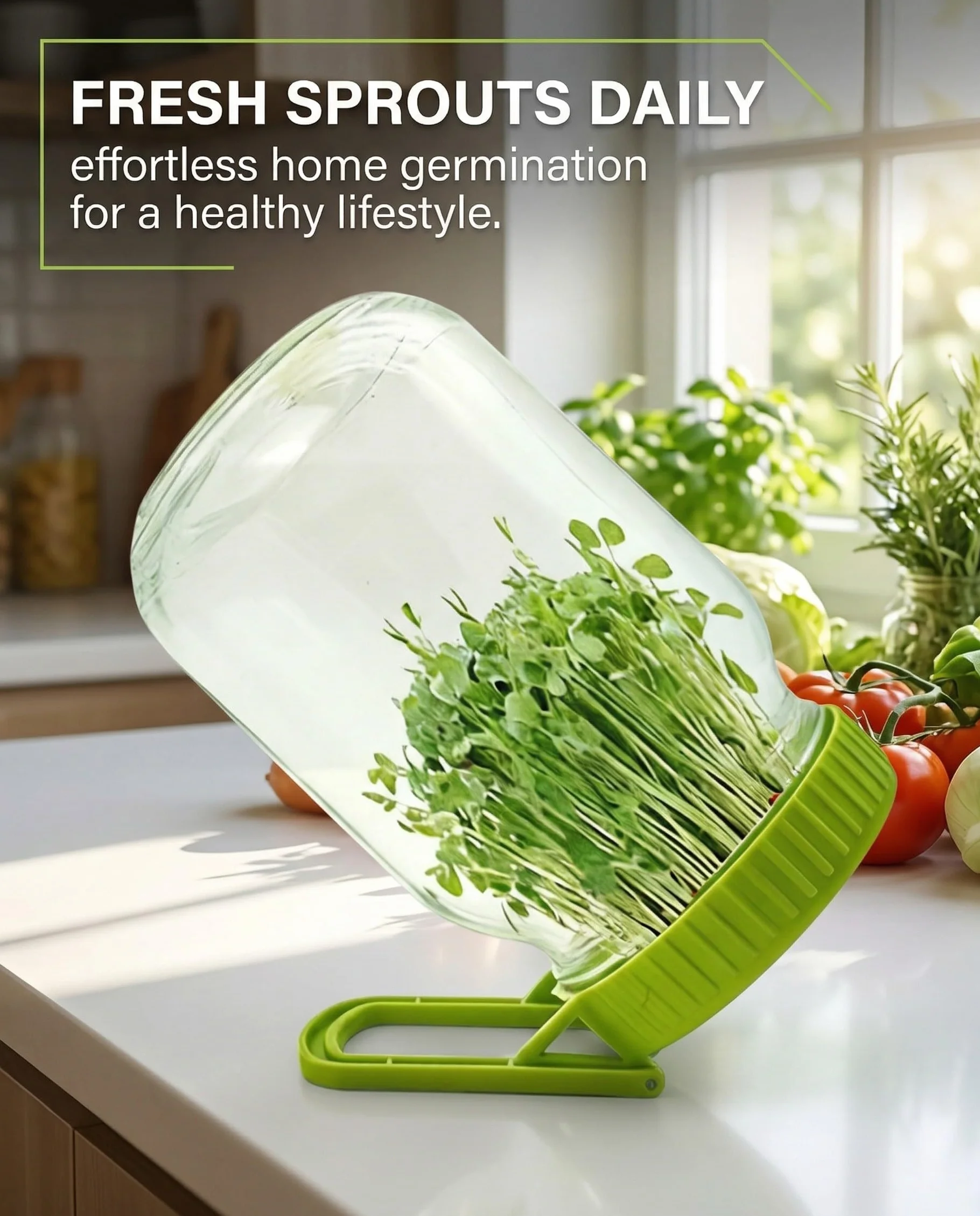 Couvercle de Germination 1 Pcs, Germoir avec Support Incliné pour Bocaux Large Ouverture. Grille Aérée, Ventilation Optimale, Drainage Facile pour Germes Saines & Bio.