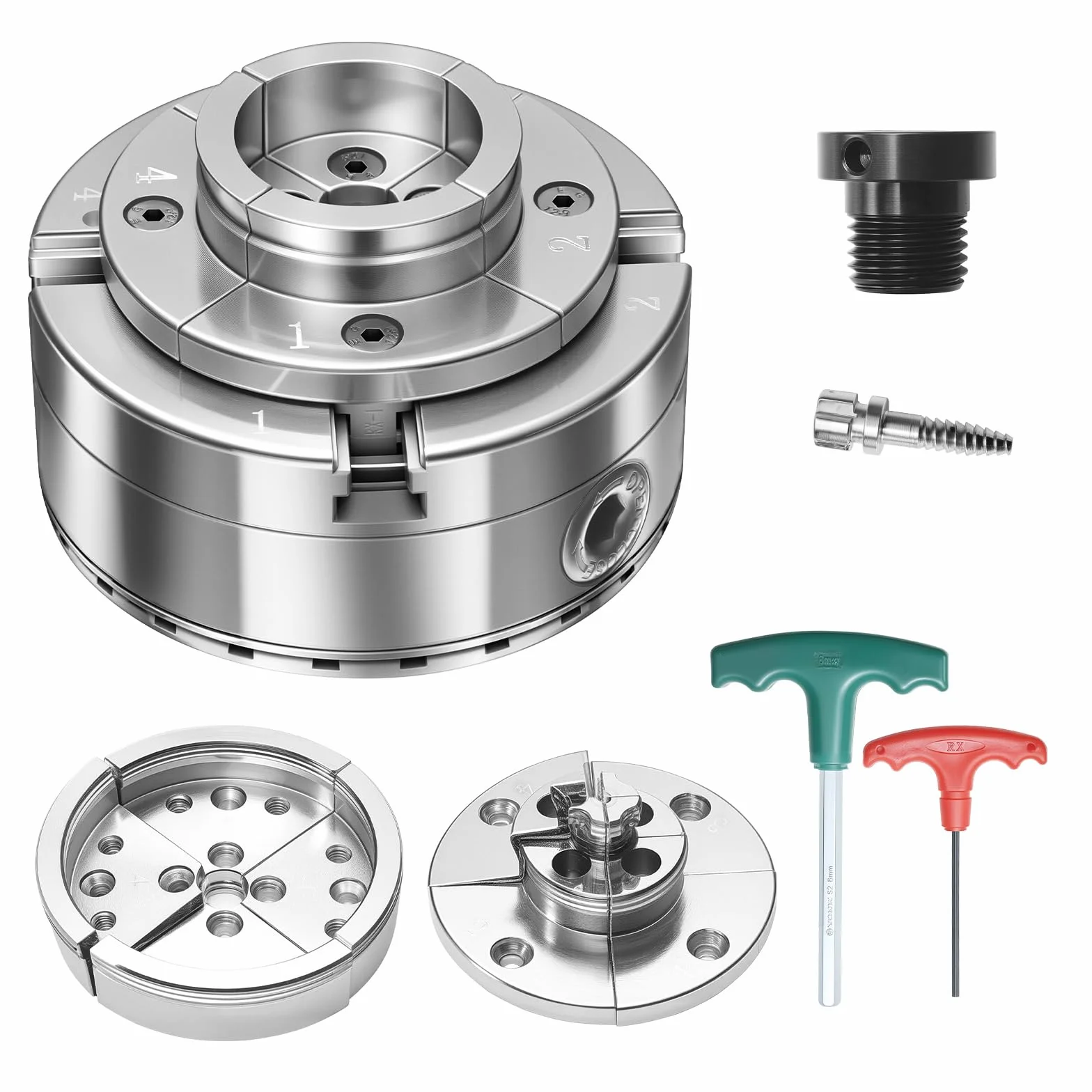 Mandrin de Tour à Bois 102 mm 4 Mors Autocentrant Engrenage Conique avec Adaptateur 1" x 8 TPI, Mâchoire Ronde et Étagée, Acier Finition Nickelée