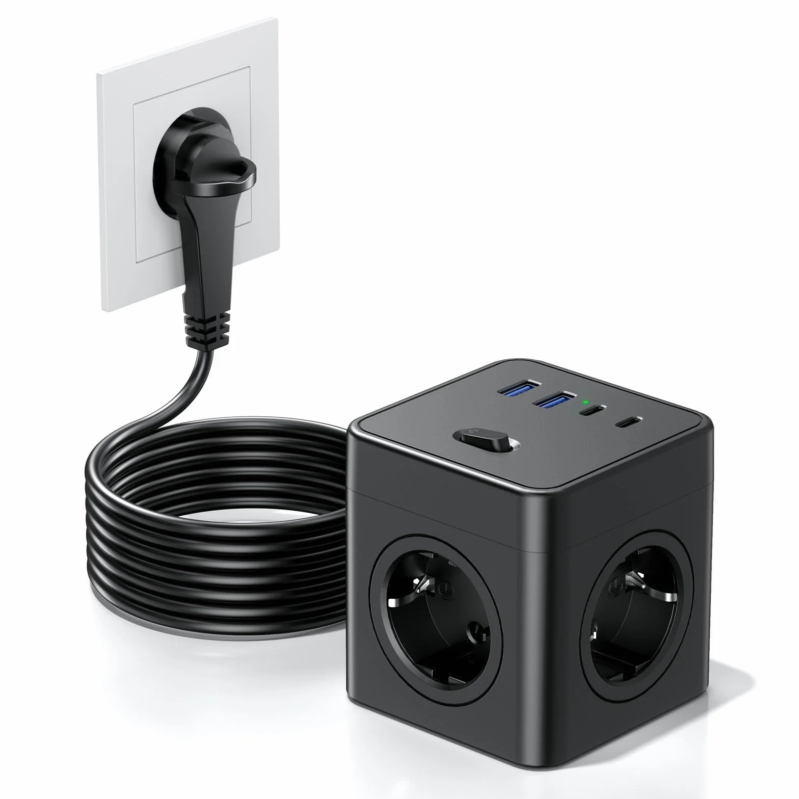 Multiprise Power Cube 8-en-1 avec Interrupteur 4 Prises USB-A USB-C 1,5 m Noir