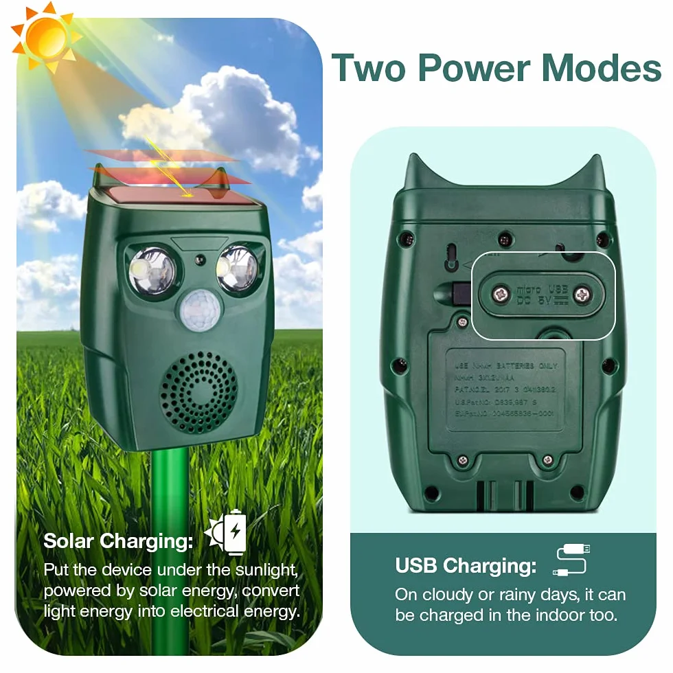 Répulsif Chat Exterieur, Répulsif Chat Ultrason Solaire, Ultrason Anti Chats, Charge de Solaire USB, Répulsif Animaux pour Jardin Chats, Oiseaux, Renard, Souris et Rat, Pigeon, Lapin