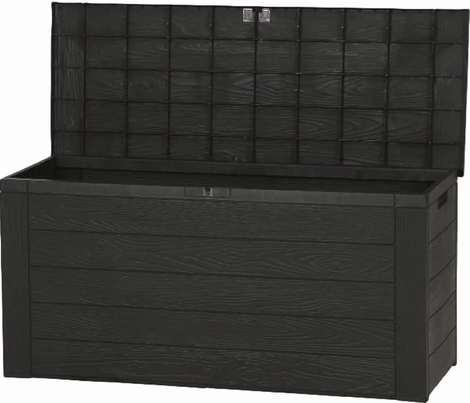 Spetebo Coffre de rangement en plastique 300 l anthracite aspect bois – 150 x 58 cm – Boîte de rangement avec couvercle pour coussins rembourrés – Boîte de rangement de jardin, boîte de rangement