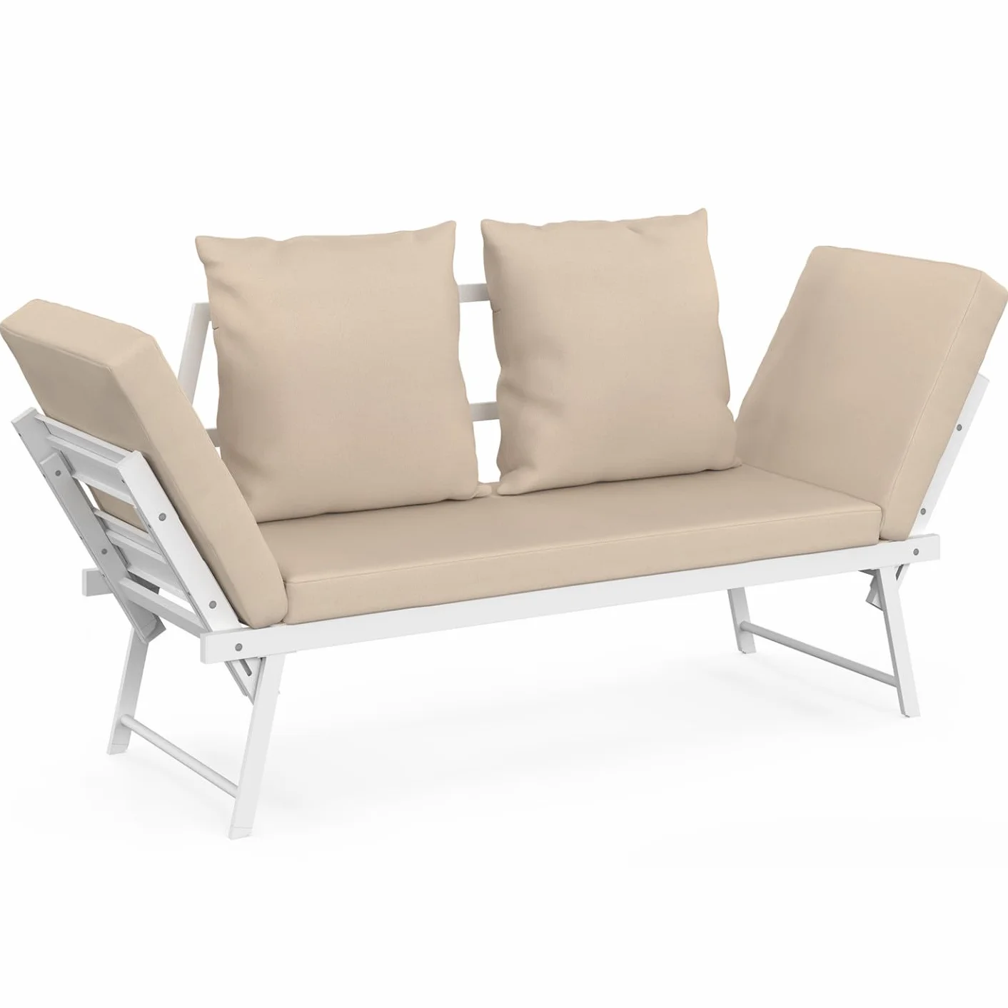 IDMarket - Canapé de Jardin, Banquette Convertible NOLA 2/3 Places avec accoudoirs inclinables métal Blanc et Coussins Beige