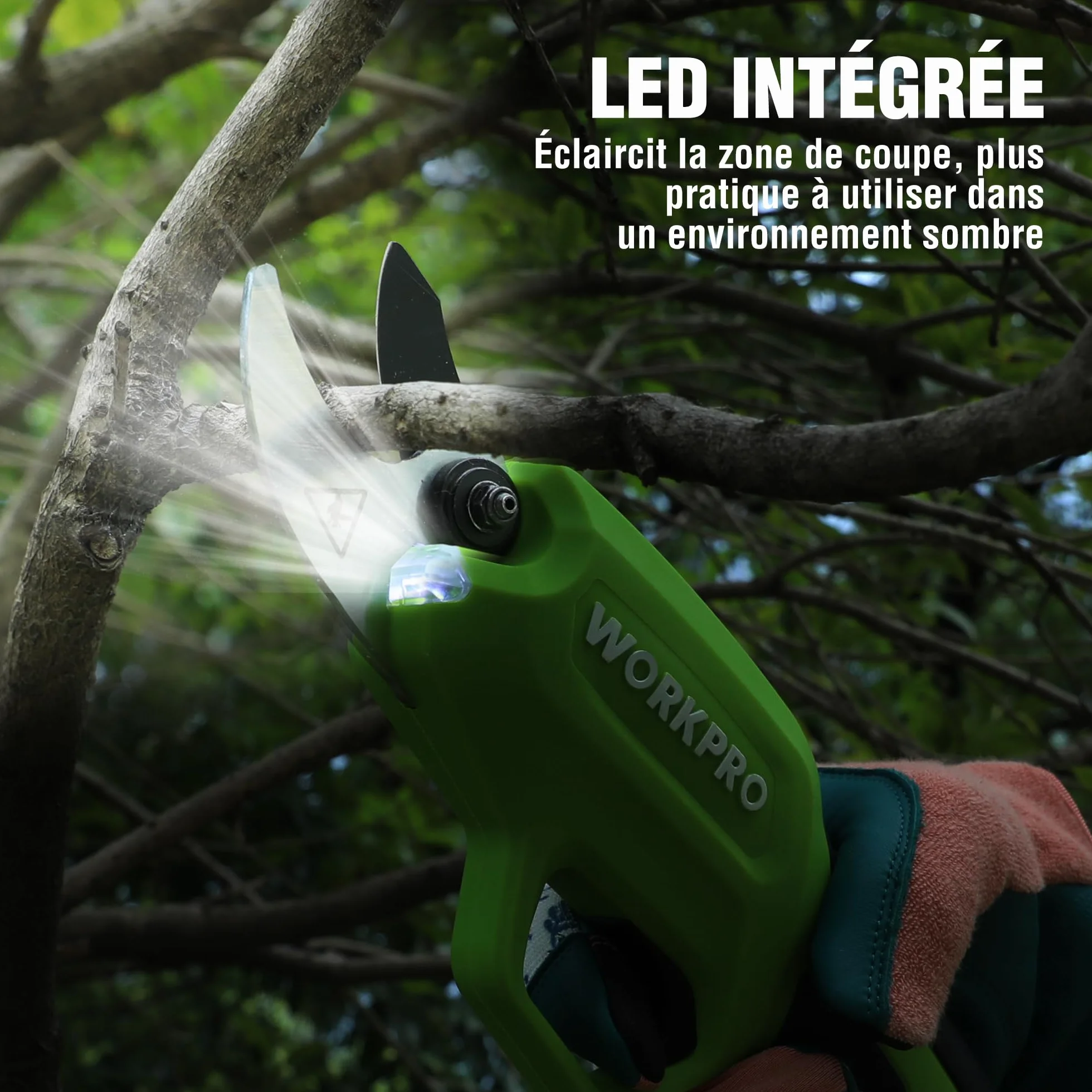 WORKPRO Sécateur Électrique 7,2 V, Professionnel Secateur Electrique avec Lames en SK5, Batterie 2000 mAh, Diamètre de Coupe de 19 mm pour Jardins, Branches et Arbres Fruitiers