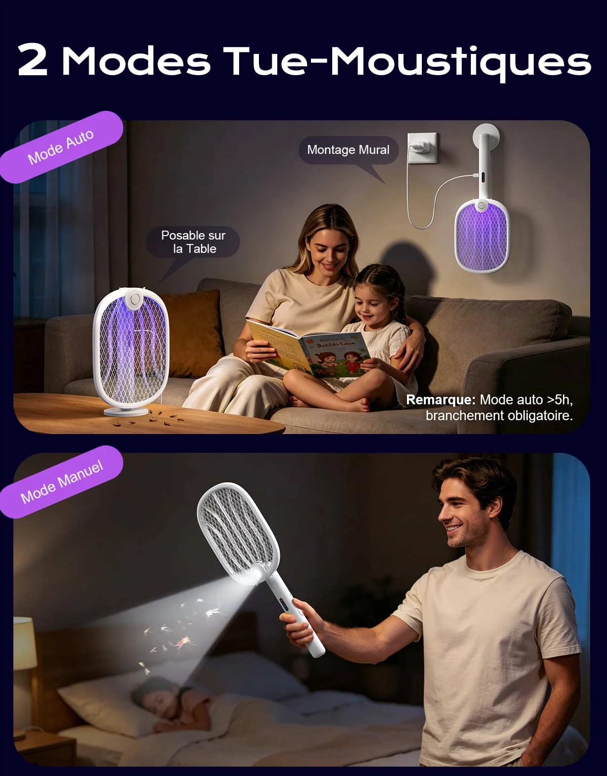 Raquette Electrique Insectes 4000V, Anti Moustique Pliable 180° avec Piège UV, Rechargeable 1800mAh