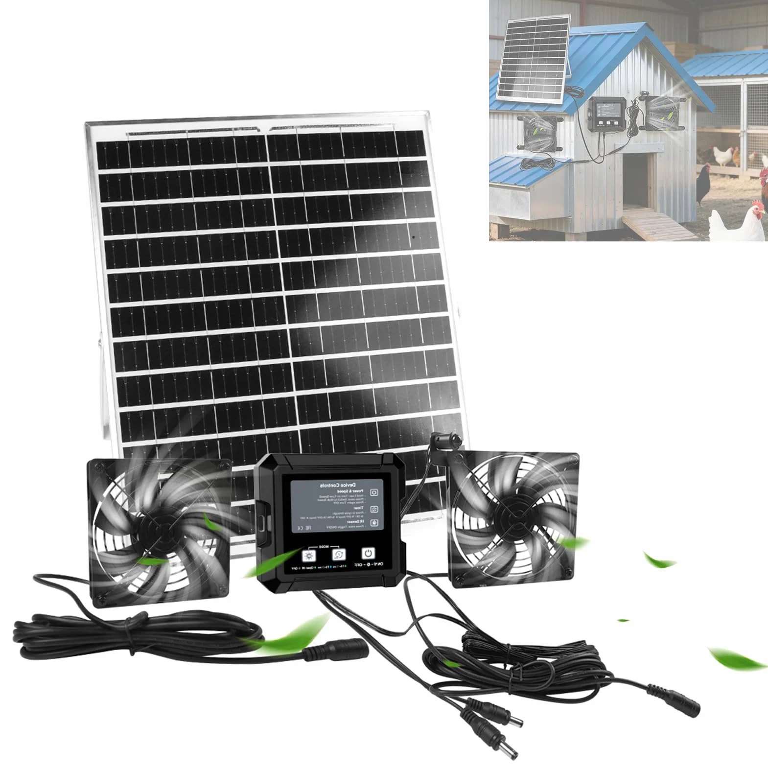Ventilateur Solaire avec Panneau Solaire 40 cm et Batterie, 3 Modes Minuterie Détecteur, Deux Ventilateurs 12 x 12 cm pour Cabane de Jardin