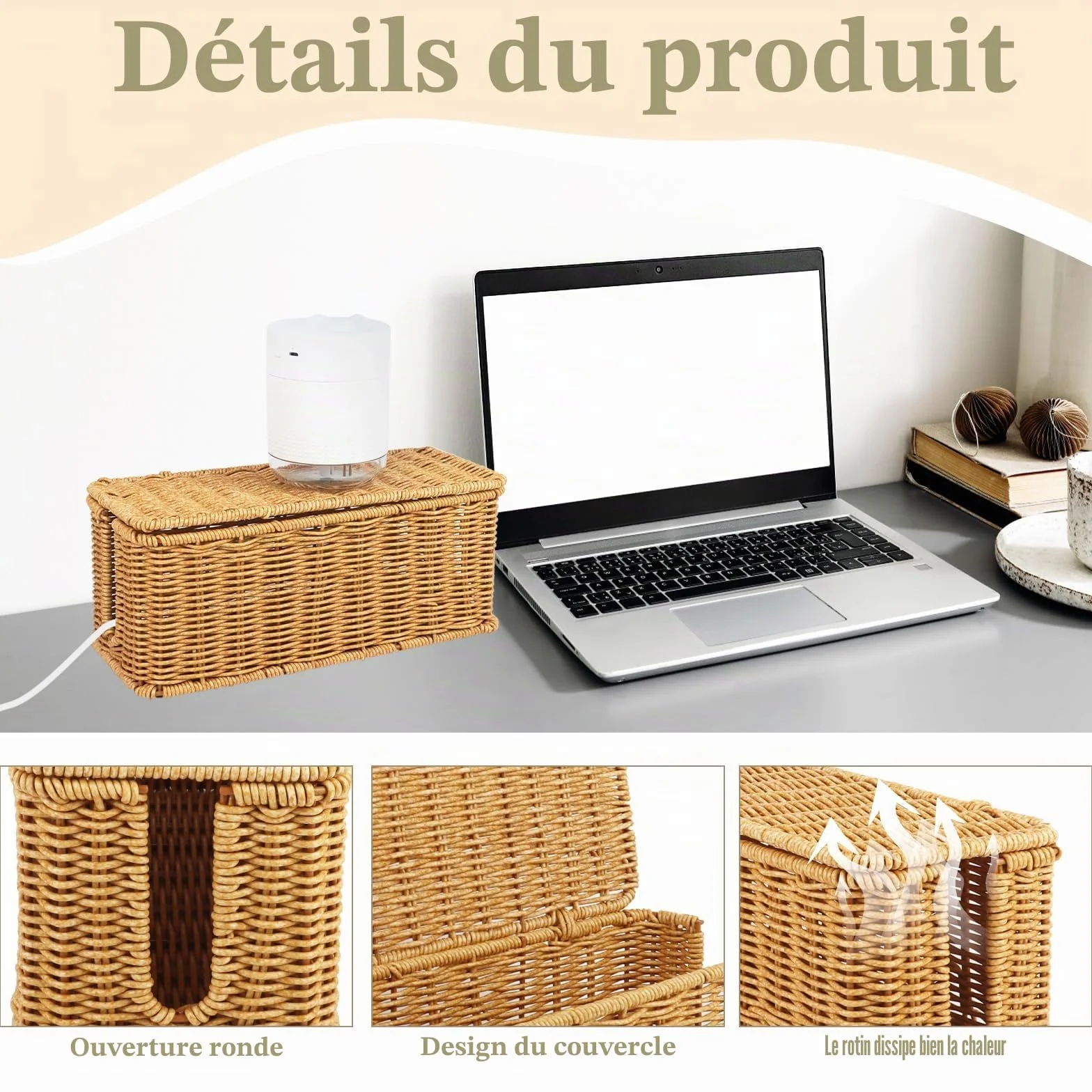 Boîte de Rangement pour Câbles en Rotin 31,5 x 13 x 13 cm
