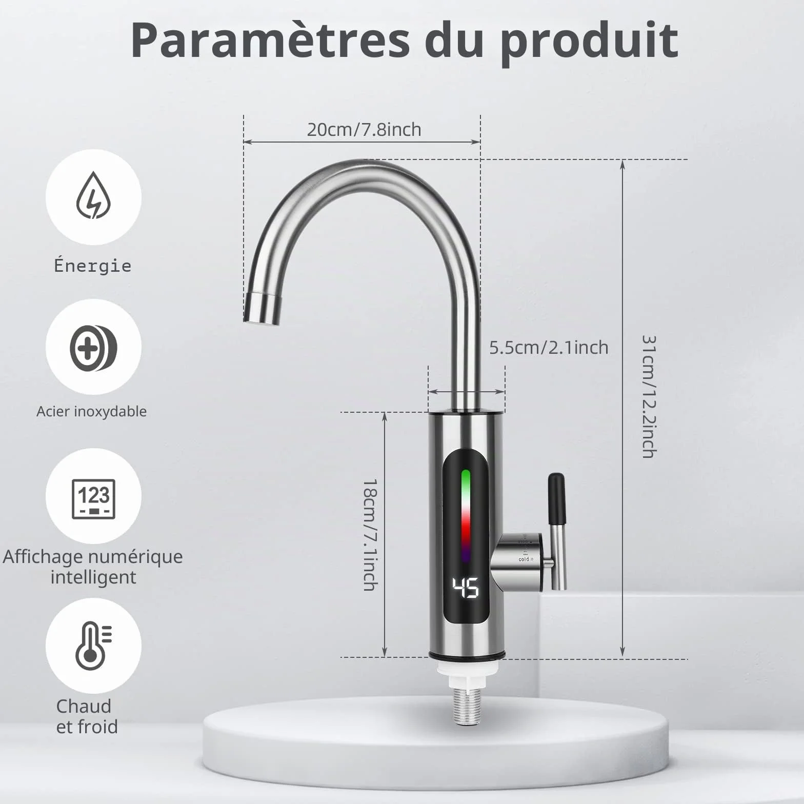 Robinet d'eau Chaude et Froide en Acier Inoxydable avec Affichage LED et Chauffe-eau Instantané, Rotatif à 360°