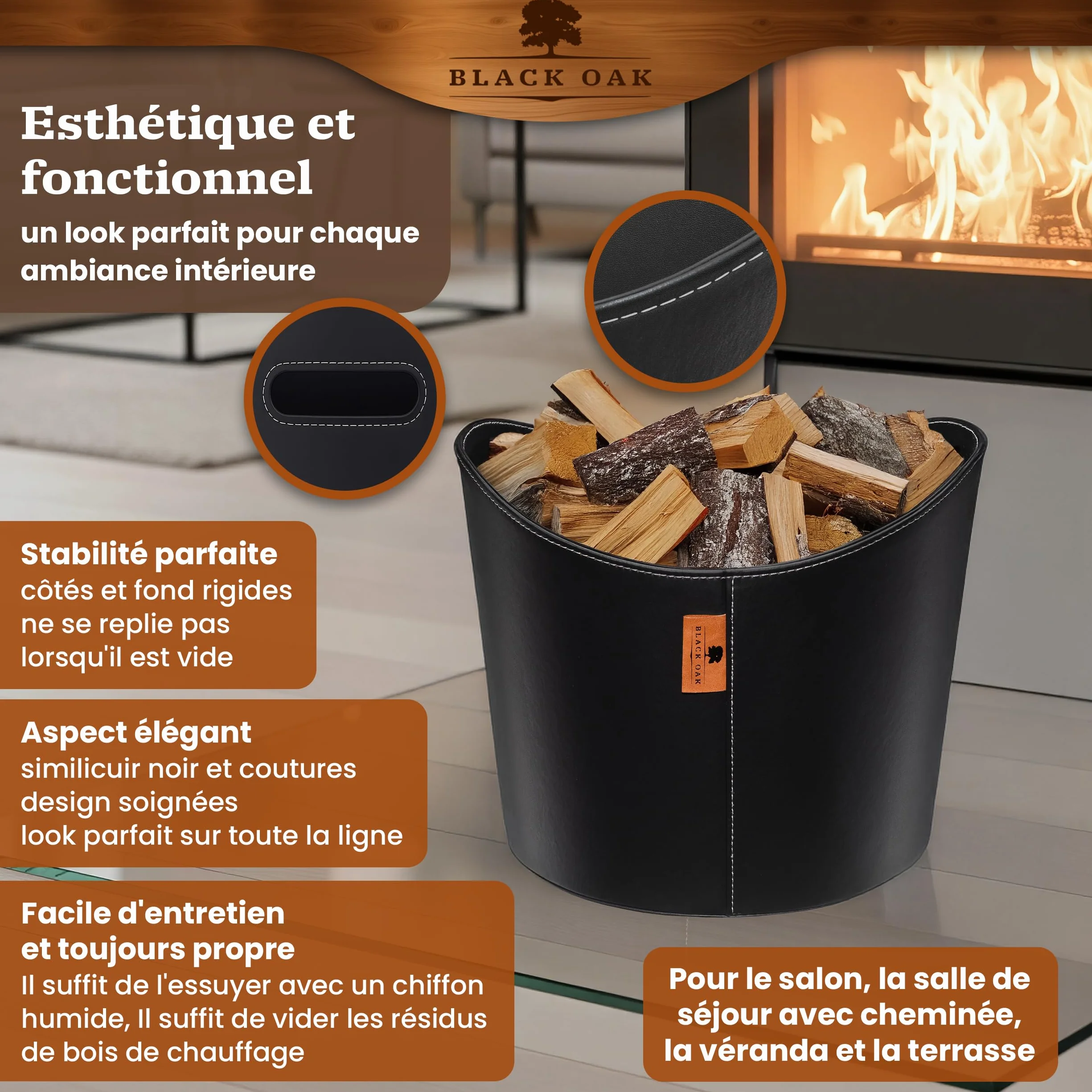 BLACK OAK DAKOTA L 40L Panier pour bois de cheminée en cuir synthétique noir - Capacité de charge 30kg - 40 litres 40x38x32cm - Panier pour bois de cheminée en bois Sac pour bois de chauffage Panier