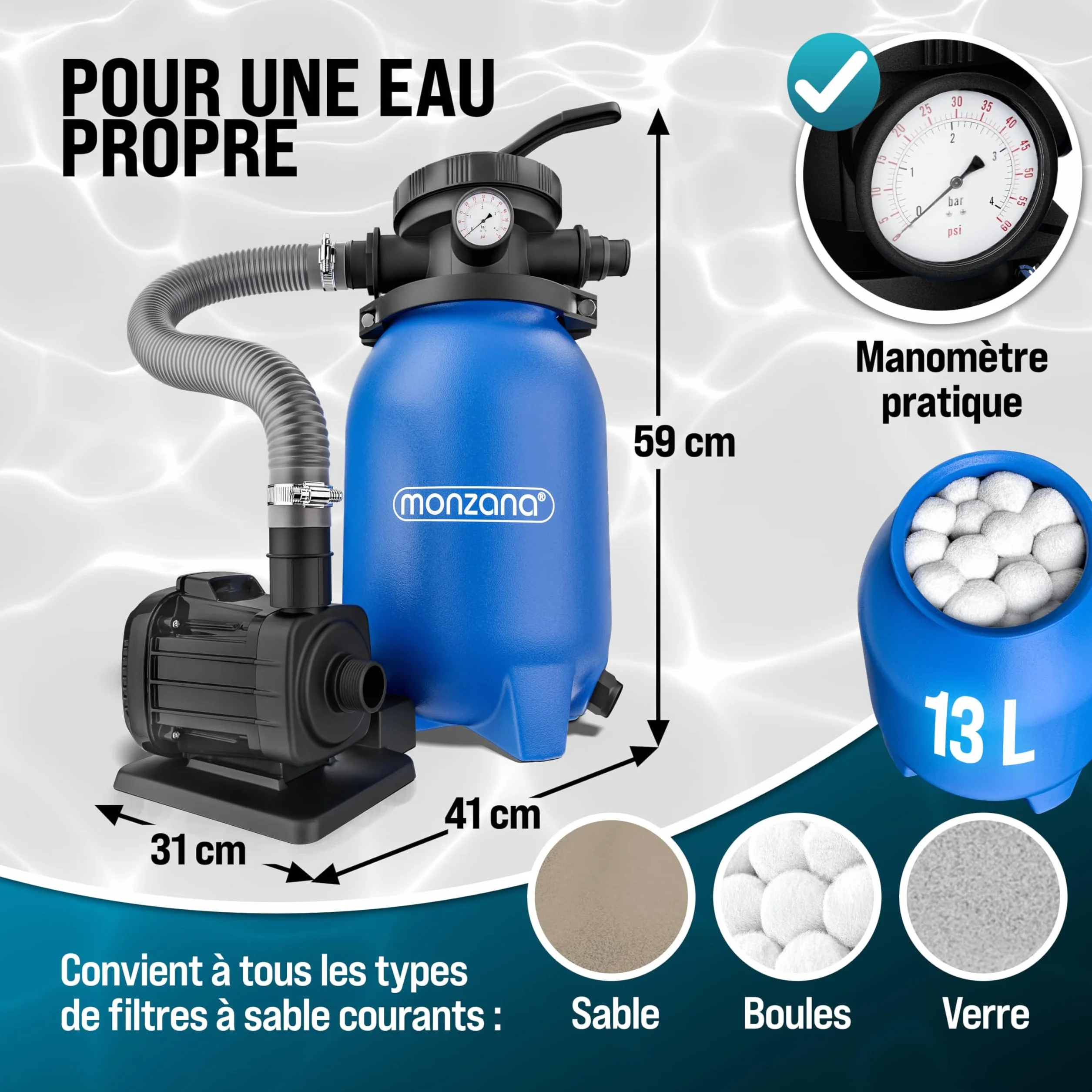 MONZANA Pompe filtre à sable 5 m³ auto-amorçante pour piscines jusqu'à 15 m³ vanne 7 voies Ø32-38mm