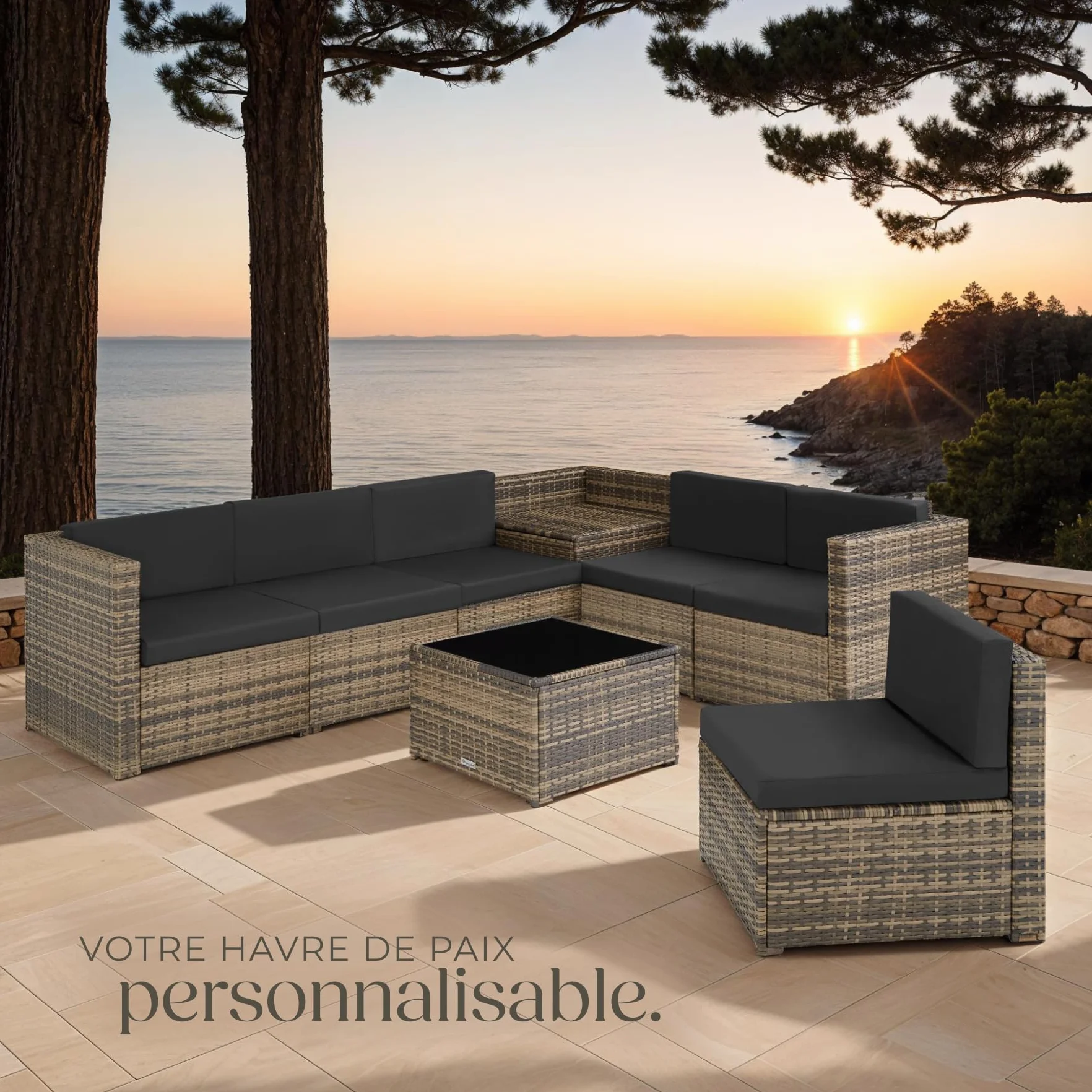 Tectake Salon de Jardin en Rotin 6 Places Resine Tressee Modulable avec Coffre et Table en Verre Marron Naturel