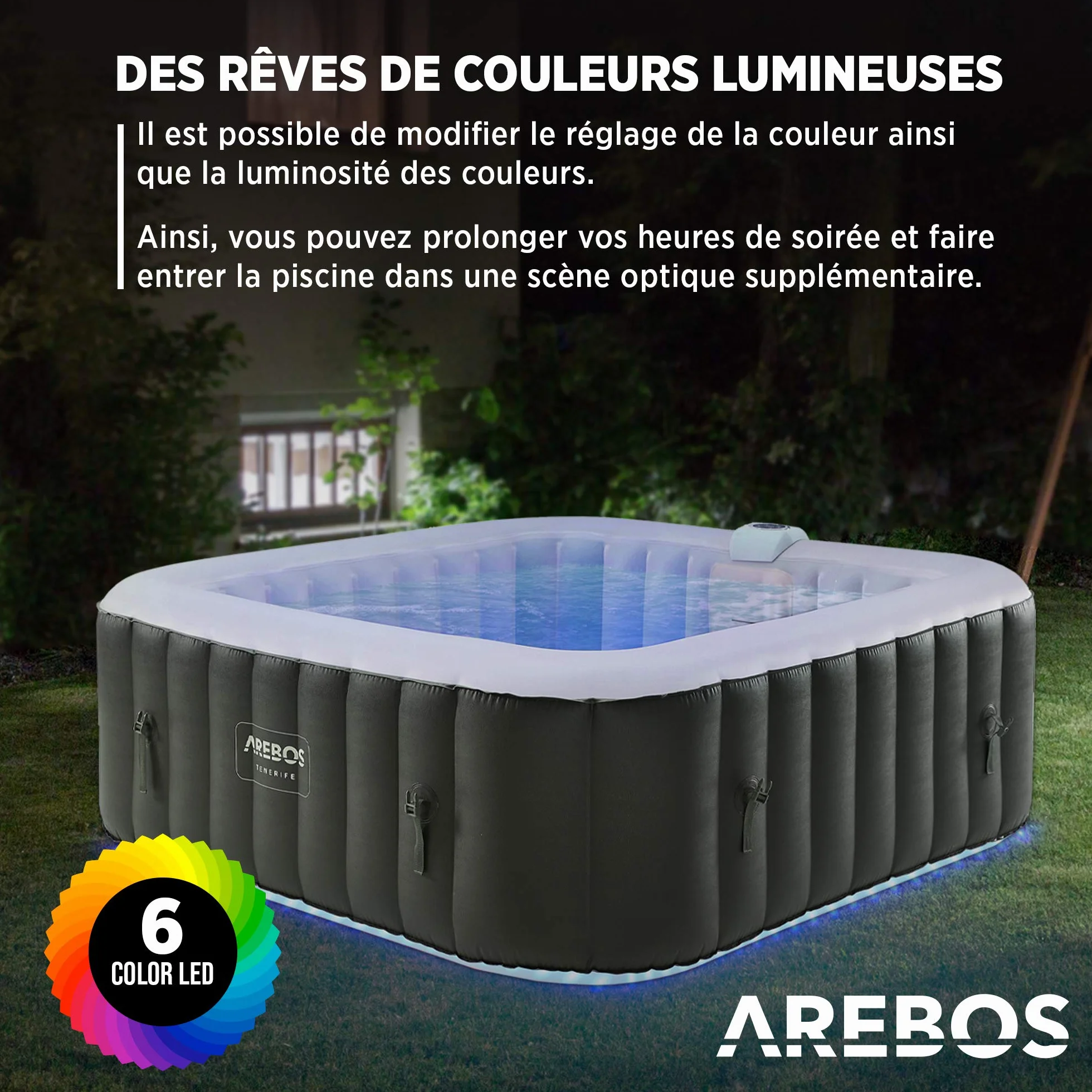 Arebos Spa Gonflable 185x185cm 6 Personnes 130 Jets LED Bulles Massage Automatique