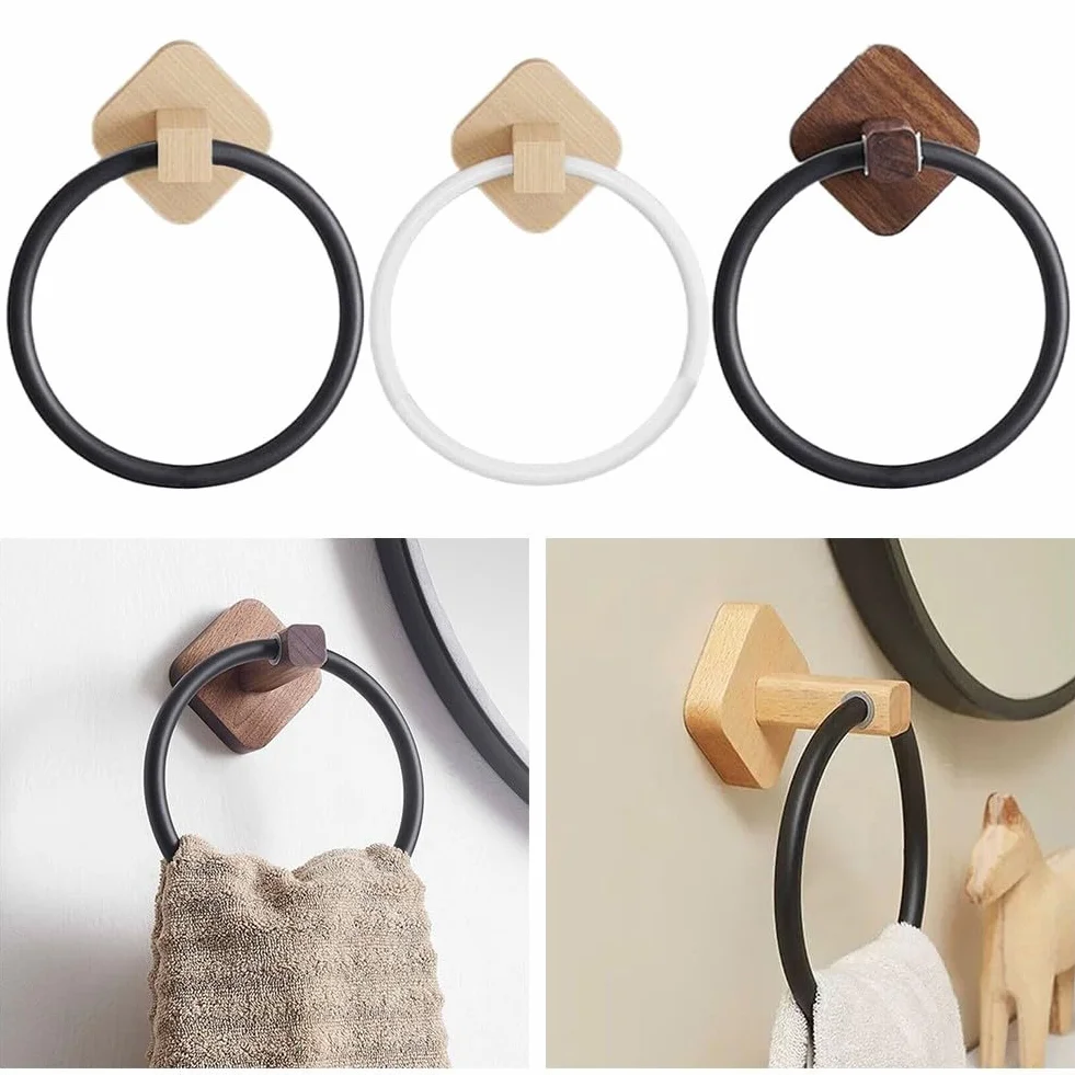 Porte-serviettes mural moderne en bois massif, design sans perçage avec barre en aluminium noir mat, organisateur d'anneau de serviette de salle de bain peu encombrant (noir hêtre)