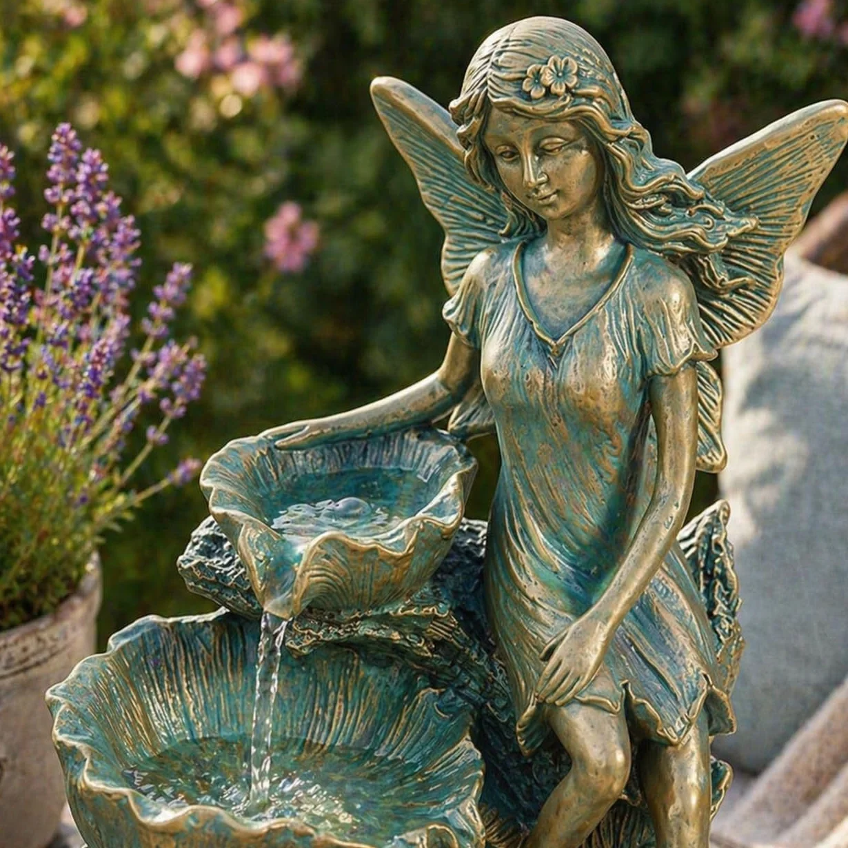Festive Lights Fontaine LED solaire de 41 cm en forme de fée avec cascade, fontaine solaire pour jardin, intérieur et extérieur, fontaine solaire pour l’extérieur, fontaine de jardin en bronze