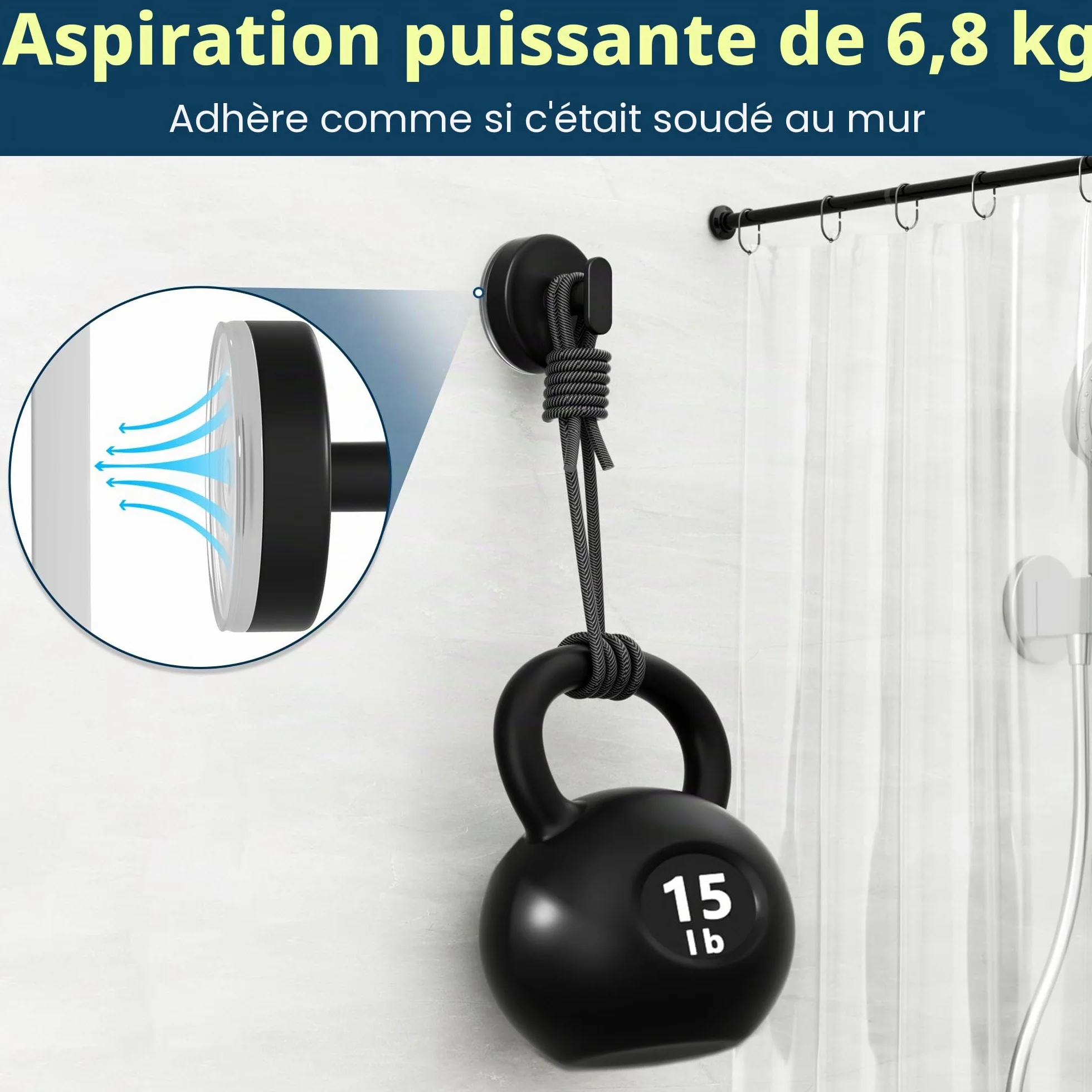 pickpiff Crochets à ventouse pour douche : Support extra fort de 6,8 kg pour salle de bain, cuisine, porte, miroir, carrelage, verre – Serviette, éponge, manteau, peignoir – noir mat, lot de 4
