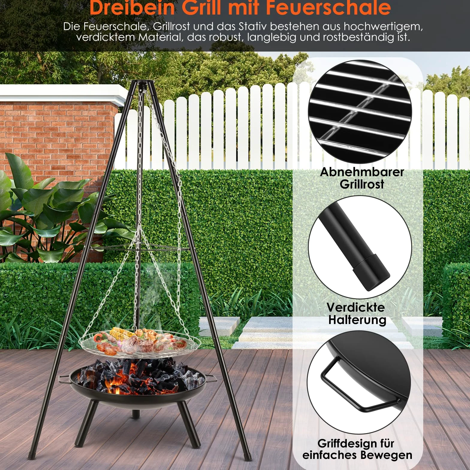 TLSUNNY Barbecue Pivotant avec Brasero, Barbecue Trépied avec Chaîne, Barbecue Charbon de Bois, Réglable en Hauteur de 200 cm, Ø68 cm Brasero avec Poignée, Foyer Extérieur pour Griller et Chauffer