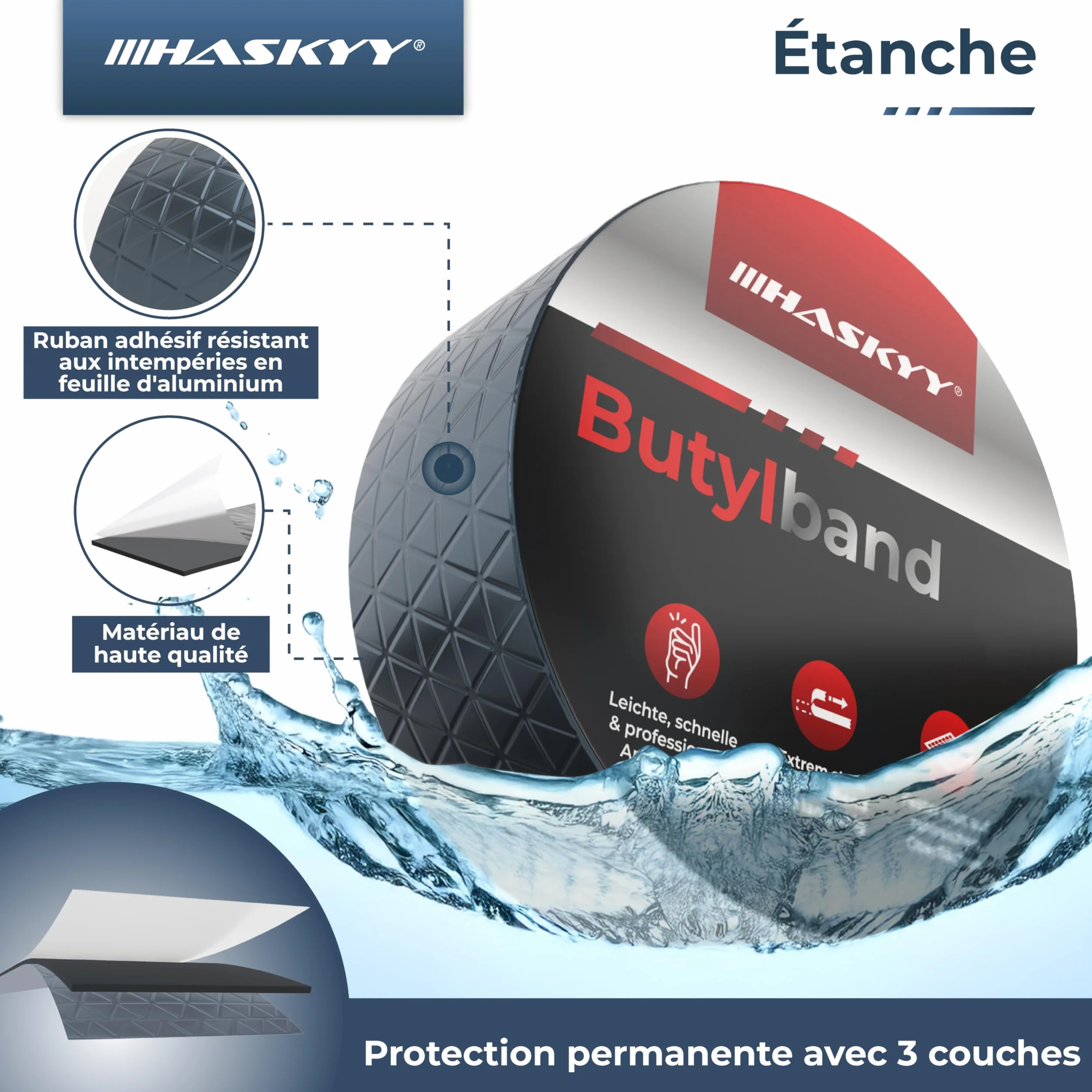 HASKYY Ruban adhésif étanche en butyle 50 mm x 10 m anthracite avec film aluminium résistant aux UV