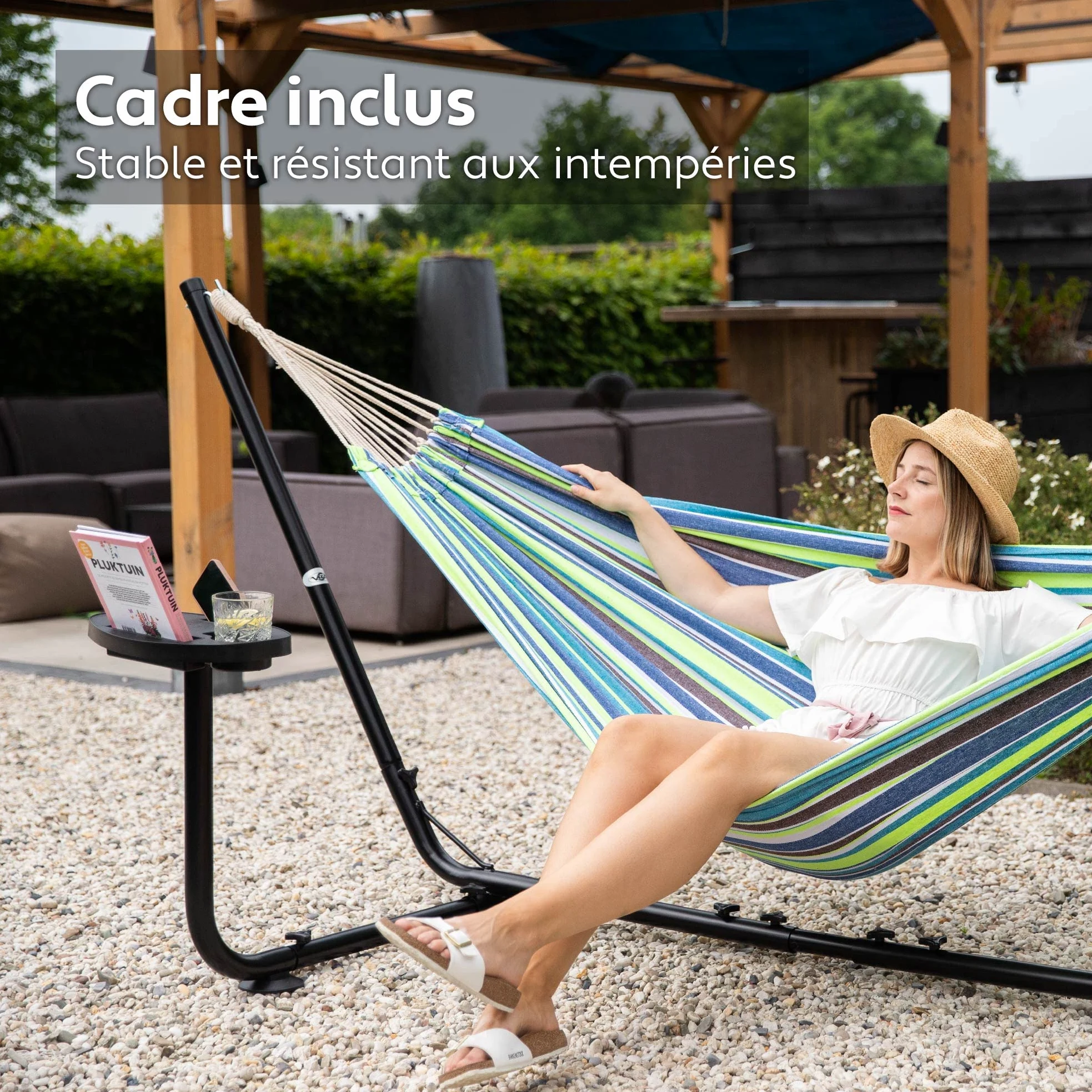 Vita5 Hamac avec Support – Support Réglable 290 à 330 cm – Grand Hamac en 80% Coton et 20% Polyester pour Jardin, Terrasse, Balcon et Camping – avec Sac de Transport