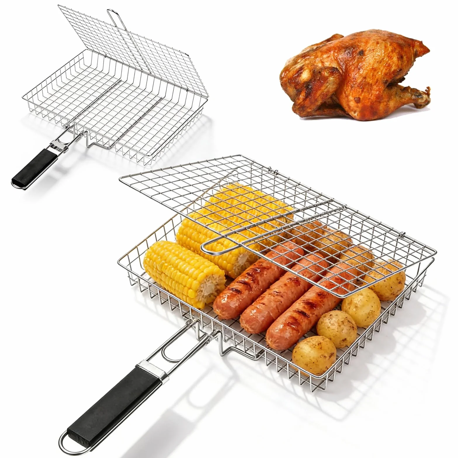 Lot de 2 paniers de barbecue en acier inoxydable - Support pour poisson - Panier à légumes et viande - Pour barbecue, camping et barbecue en plein air