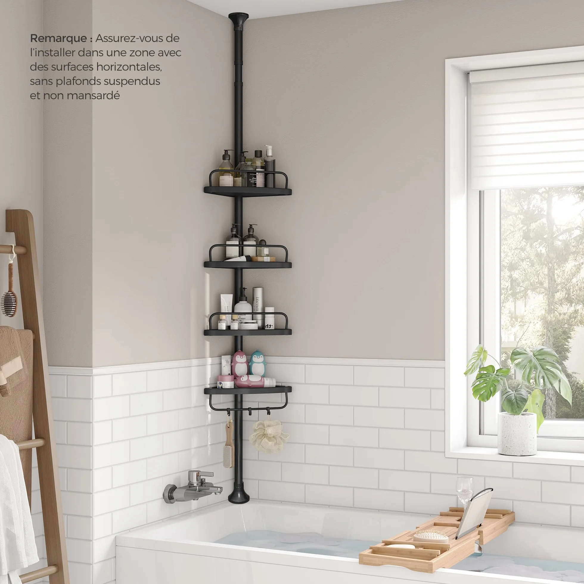 SONGMICS Étagère de Douche Réglable 4 Niveaux, Étagère d'angle Télescopique, Hauteur 85-305 cm, Rangement Salle de Bain Noir