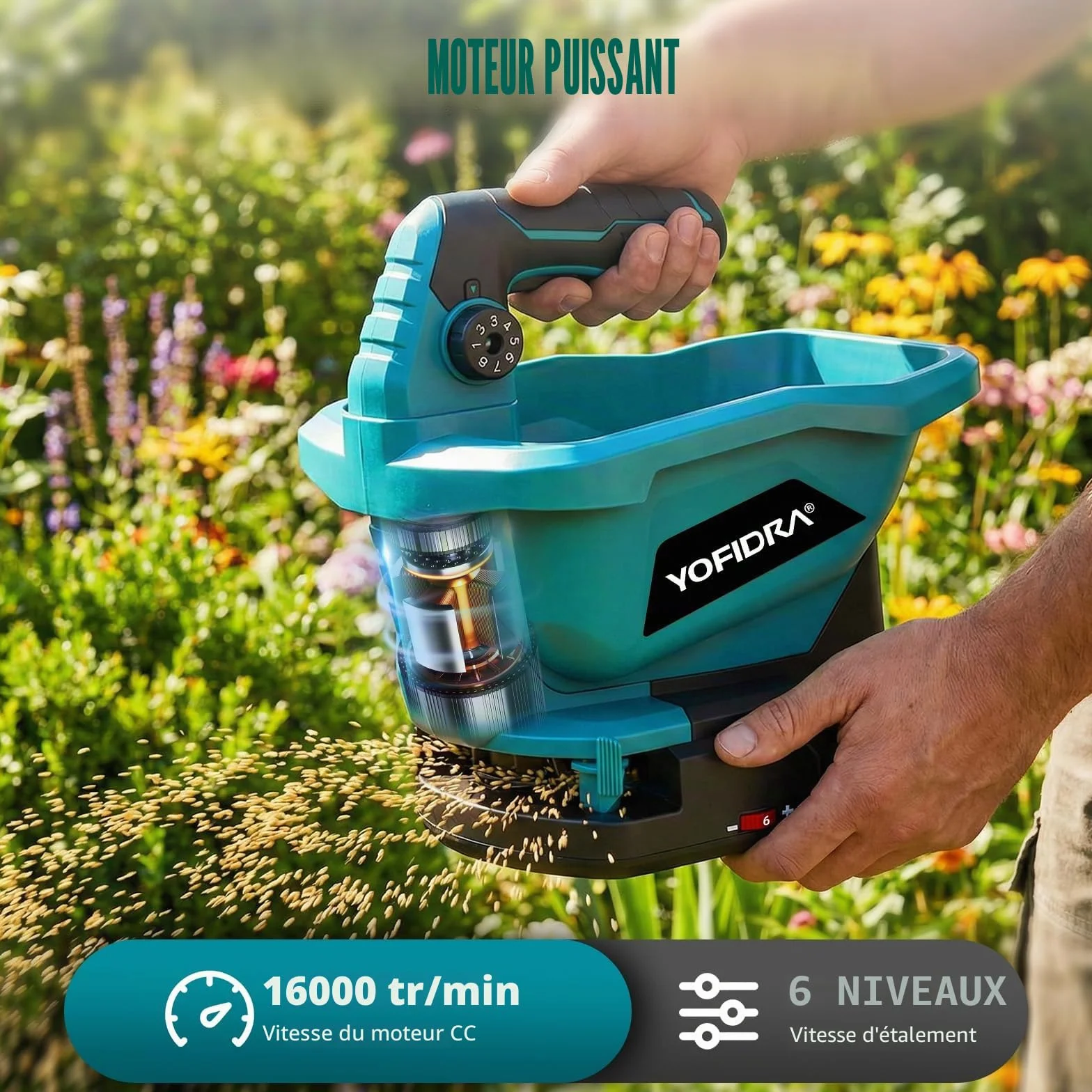 Yofidra Épandeur d'Engrais sans Fil - Épandeur Gazon avec 2 Batteries de 2,0 Ah, Épandeur Gazon, Capacité 3,3 L, 6 Vitesses, 8 Niveaux d'Épandage, Largeur 5 m, Couverture 800 m²