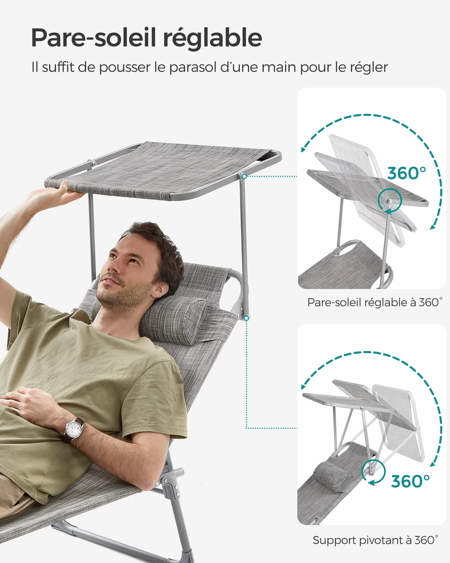 SONGMICS Chaise Longue Pliable 193x53x29 cm 150 kg avec Pare-soleil Appuie-Tête Dossier Réglable GCB19T