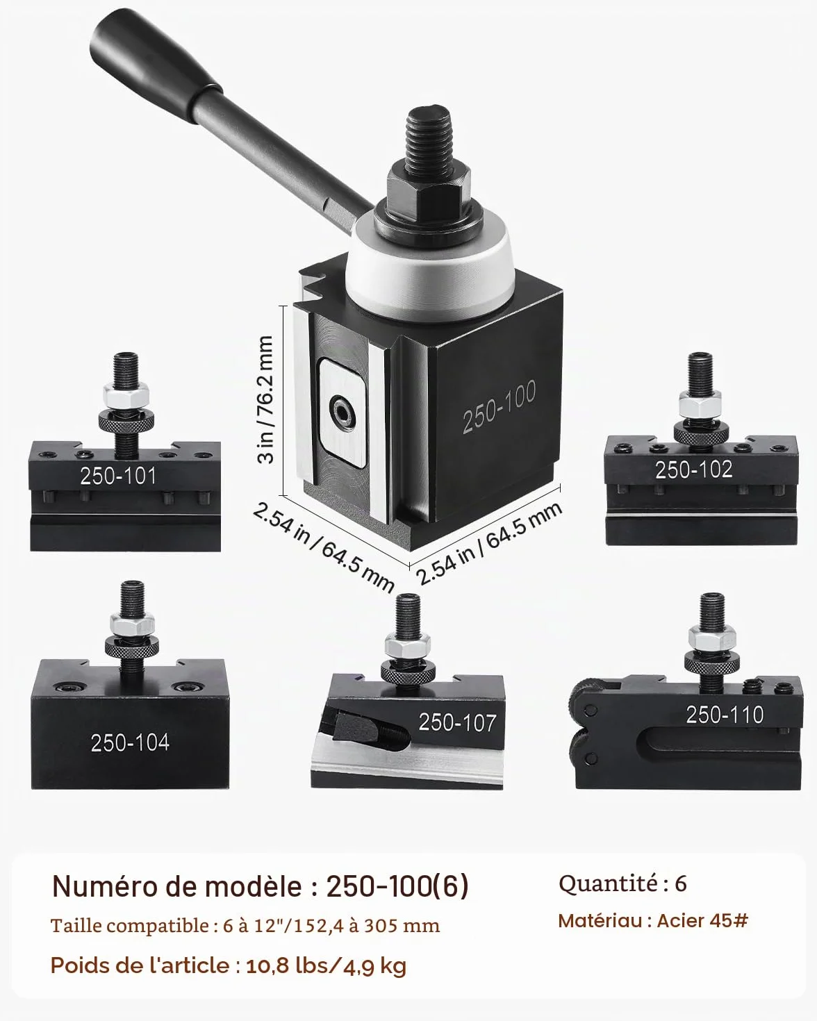 VEVOR Ensemble de porte-outil de tour à changement rapide 6 pièces pour mini-tour 152,4-305 mm acier