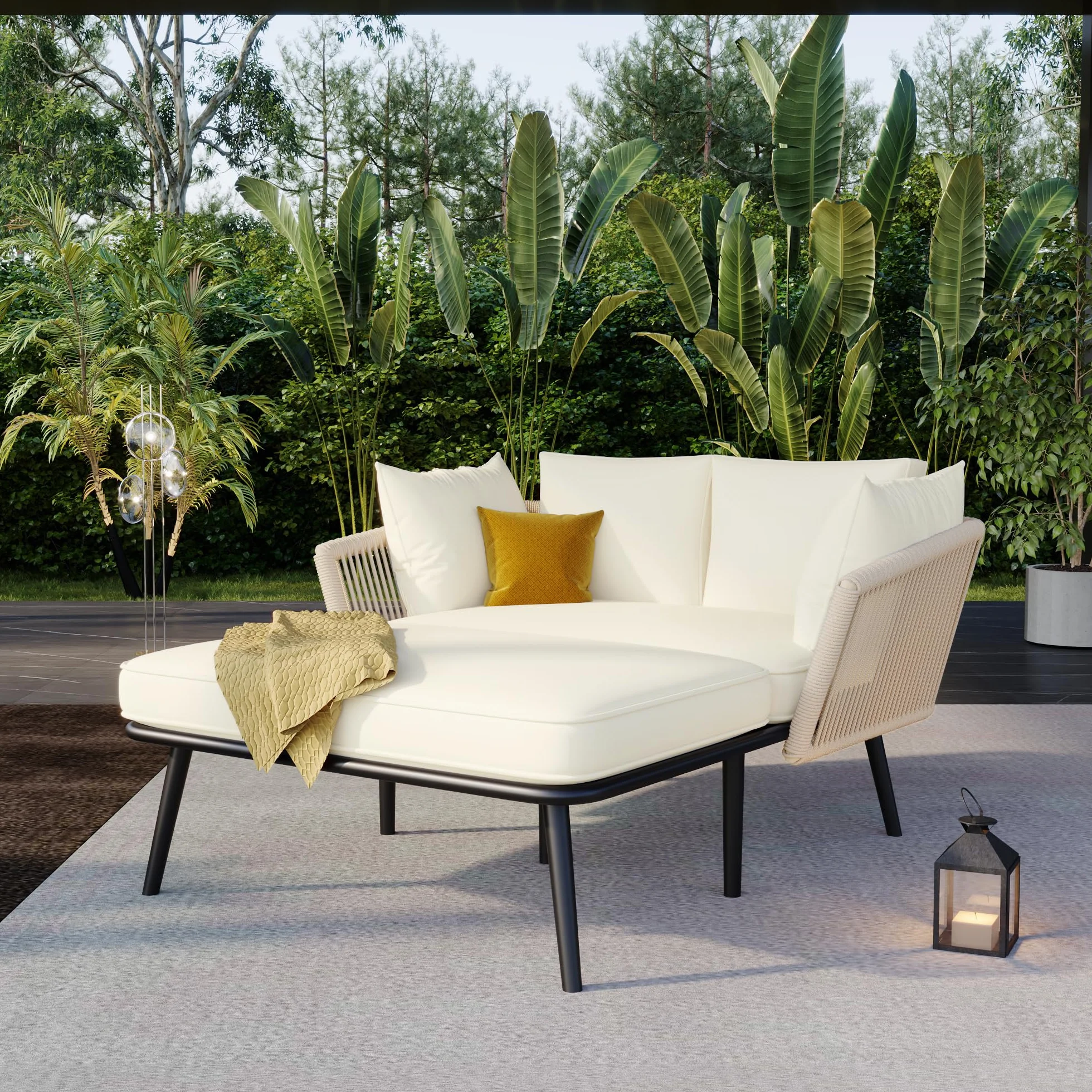 Merax Chaise longue de jardin d'extérieur avec 2 coussins et 2 coussins rembourrés, coussins amovibles et lavables, pour balcon, terrasse, salon de jardin, beige