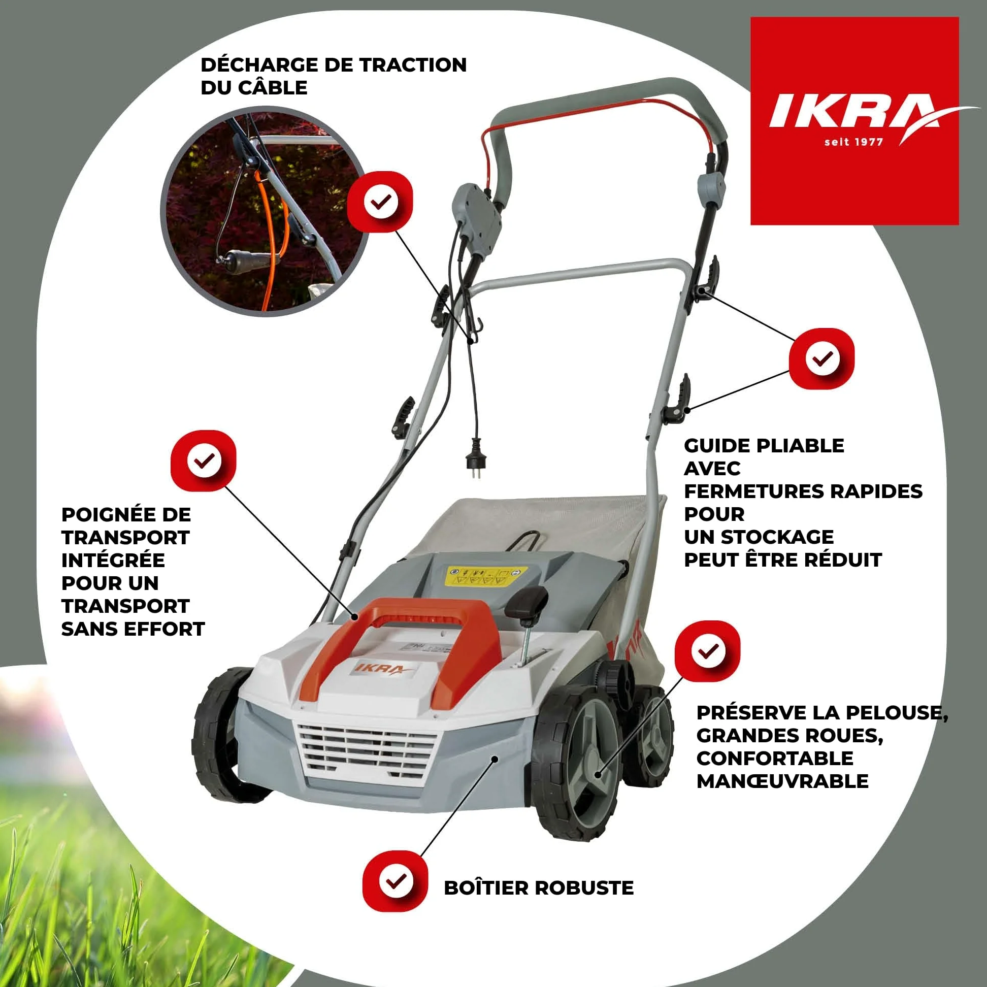 IKRA scarificateur-aérateur électrique IEVL 1838, largeur 38 cm, 1 800 W | Bac de ramassage de 40 l, profondeur de travail de +5 à –12 mm, changement de rouleau sans outil, appareil 2 en 1