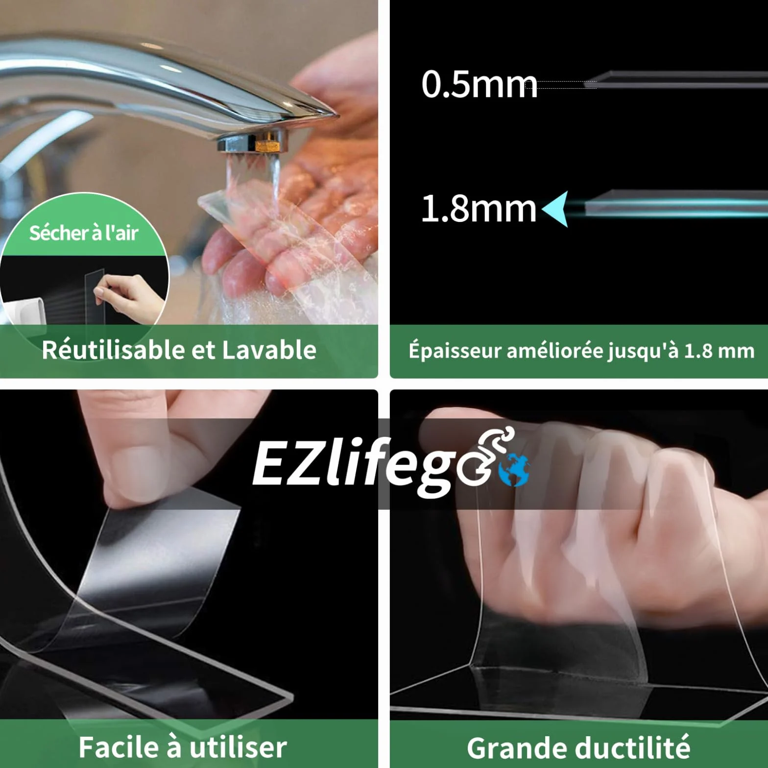 Nano-Ruban Adhésif Double Face Puissant Réutilisable Transparent 3 Mètres