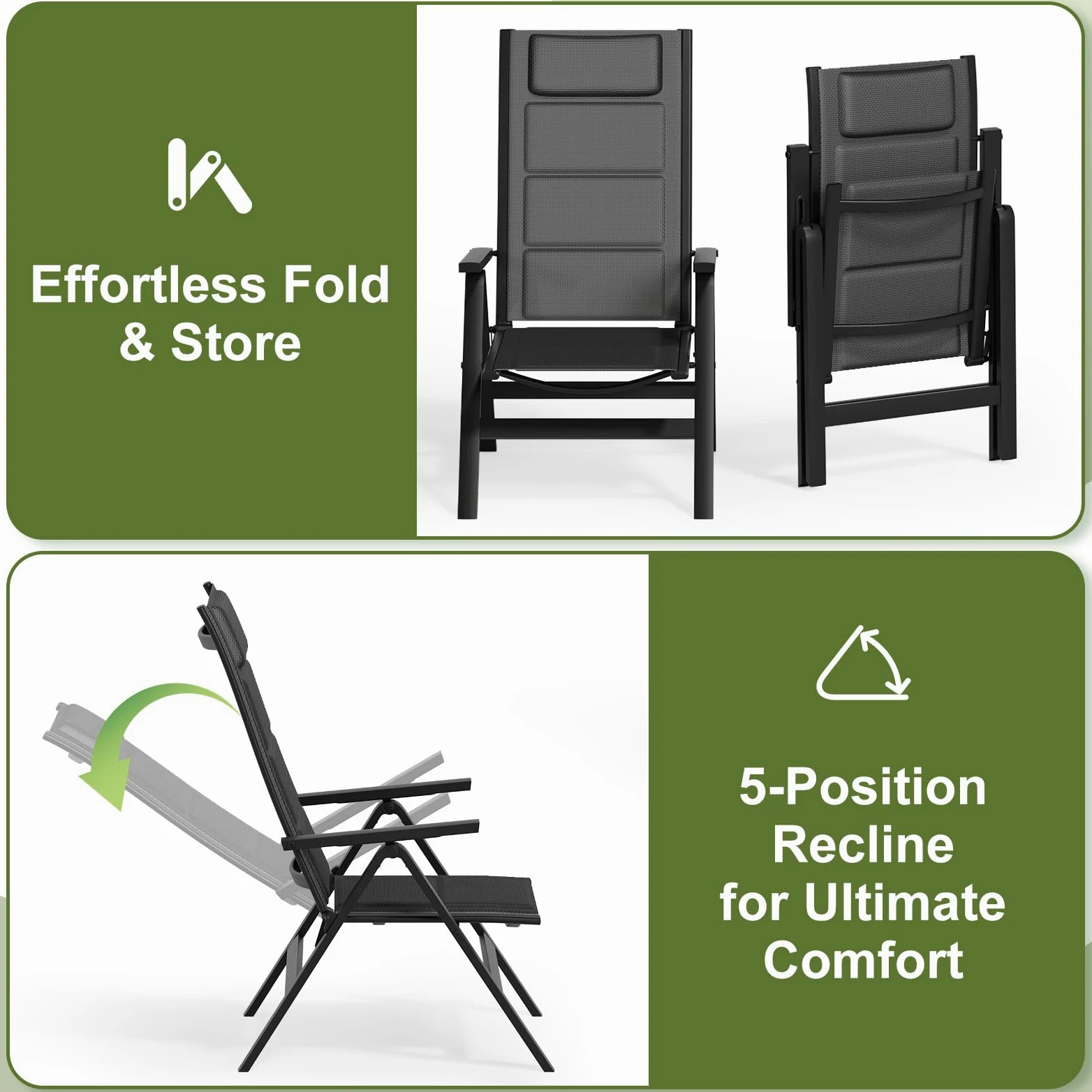 JUMMICO Fauteuil de Jardin Extérieur en Aluminium｜7 Positions Réglables, Dossier Haut｜Design Pliant et Portable｜Idéal pour Balcon, Jardin, Terrasse et Espaces Extérieurs｜Lot de 2